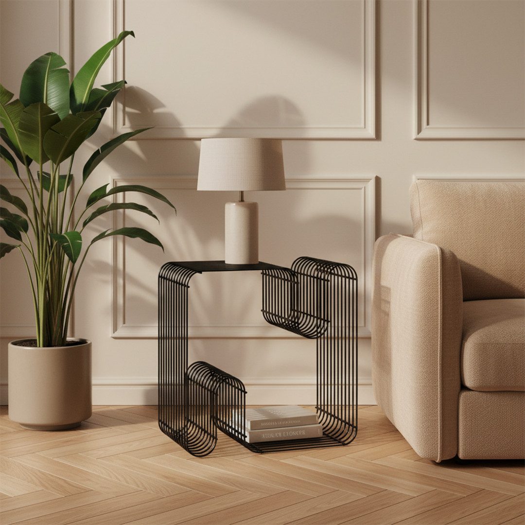skølm Beistelltisch Modi als Hocker und Bücherregal nutzbar (schwarz), aus Metall, pulverbeschichtet, Ablageregal mit offenem Gitter-Design