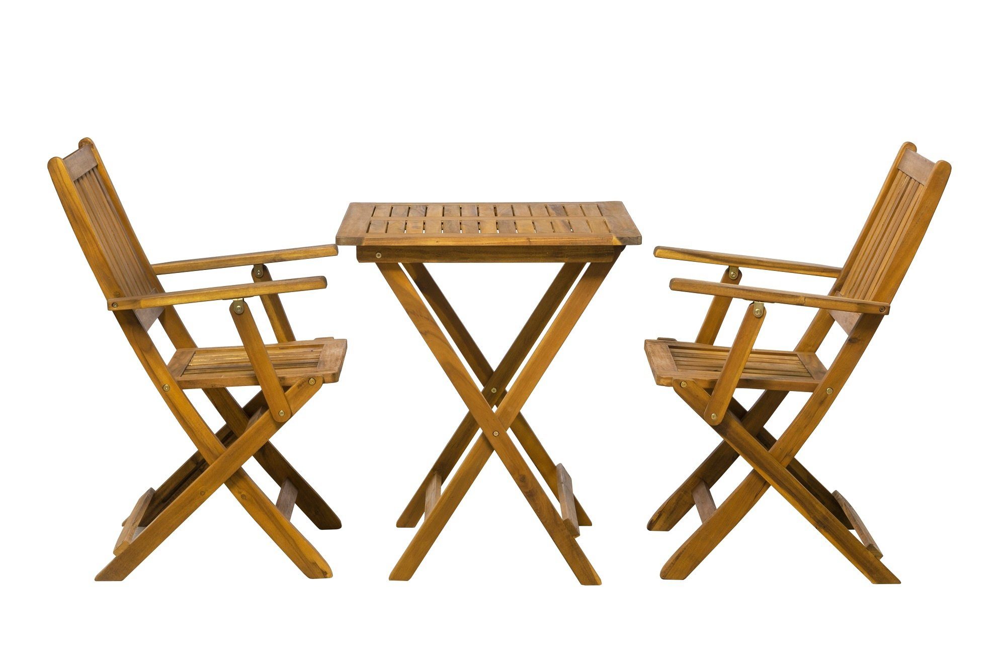 TPFGarden Sitzgruppe AKANA - Akazienholz, mit Gartenlounge-Set 2 und 1 geöltem Balkonstühle Tisch Tisch), - Klappstuhl aus (BxHxT): Armlehnstühlen 3-tlg., Balkon 51x90x56 klappbarer (Klappbare Maße und cm 62x73x62 Sitzgruppe cm Tisch