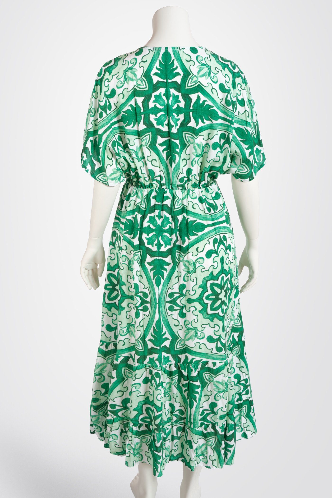 PEKIVESSA Sommerkleid Midikleid Volants (1-tlg) grün-ecru mit gemustert V-Ausschnitt und