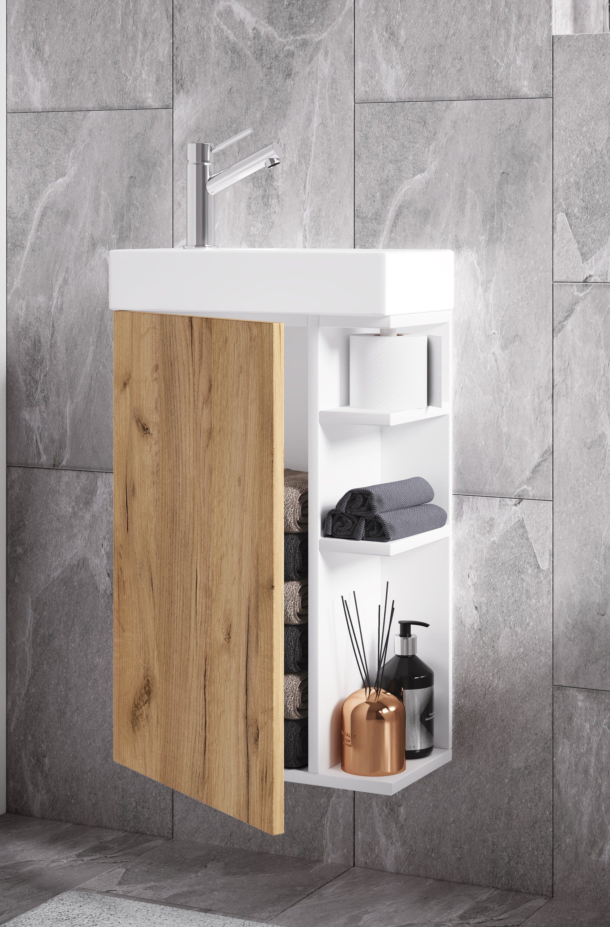 VCM Badmöbel-Set Lumia 2er Set B. 40 x T. 22 x H. 70 cm, (Komplett-Set, 2-St., 1x Unterschrank 1x Waschbecken), Waschplatz mit viel Ablagefläche, für Gästebäder – Bild 3 von 4