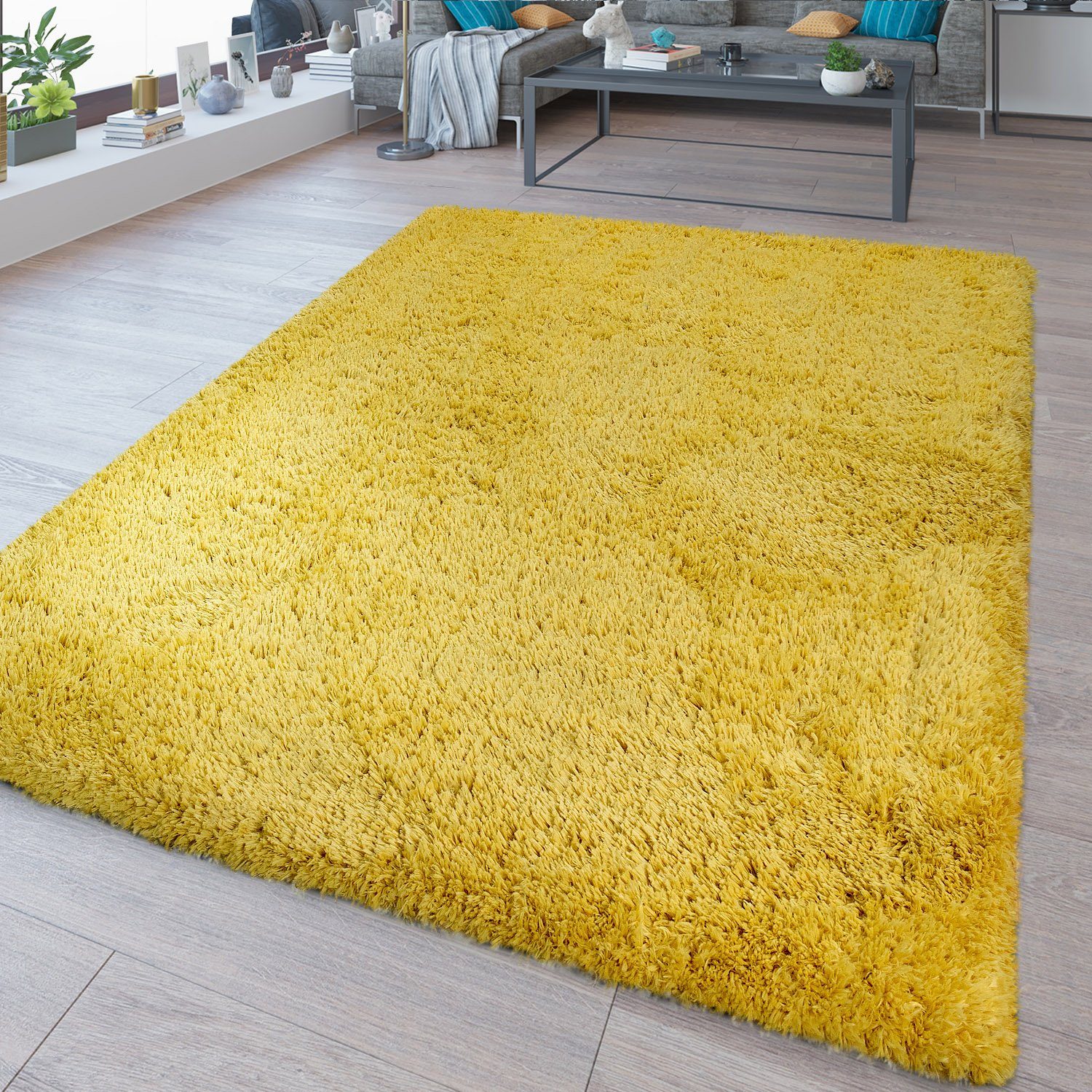Hochflor-Teppich Waschbarer Hochflor Teppich Shaggy Flokati Look In Uni Gelb,  TT Home, rechteckig, Höhe: 44 mm | Kurzflor-Teppiche