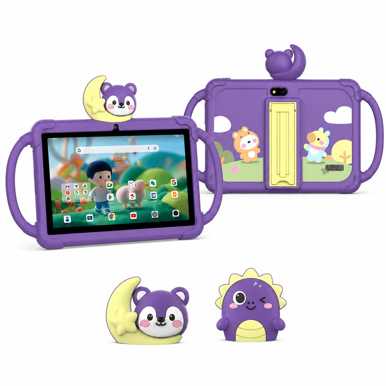 VekfulPC 7" Kindertablet mit abnehmbarer Cartoon-Kopf HD WiFi Tablet (32 GB, 3000 mAh, laute Lautsprecher, Sturz- und spritzwasserfest)