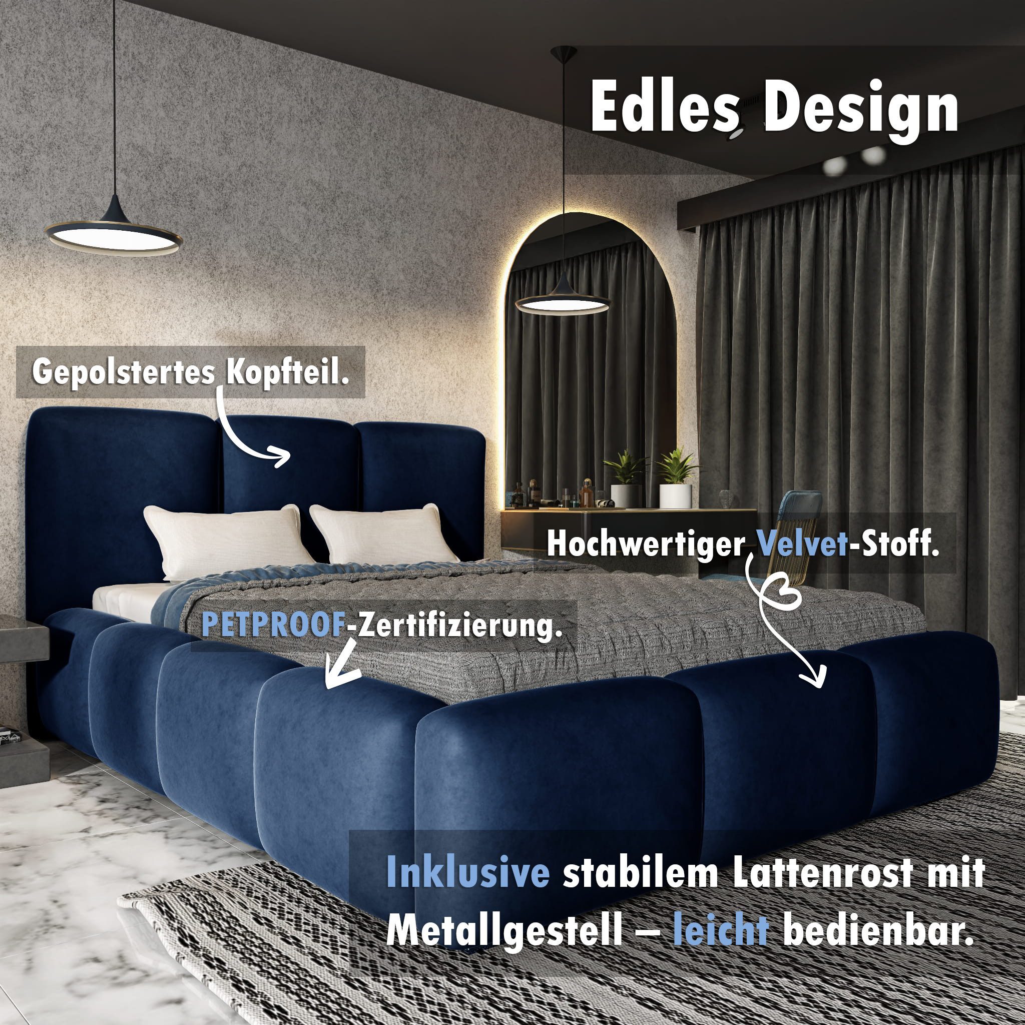 thematys Polsterbett mit Bettkasten & Lattenrost – Stauraumbett 140x200 - 200x200cm (Samt / Velvet Bett mit optionaler 7-Zonen Taschenfederkernmatratze)