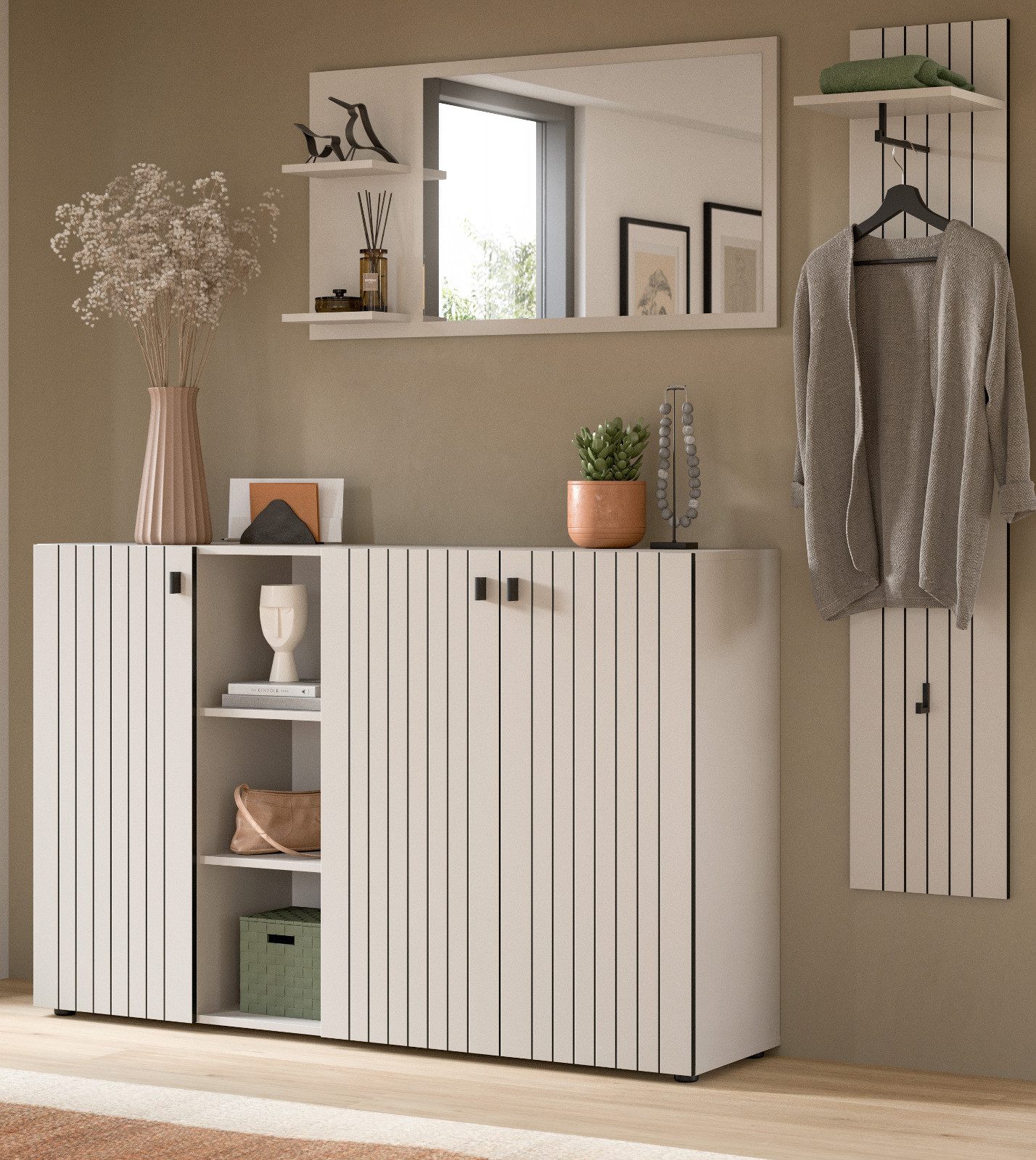Inn.Furn Garderoben-Set Loreno, (Flurgarderobe in Kaschmir / Sand mit Schwarz, Set 3-teilig, 195 x 192 cm), mit großer Schuhkommode