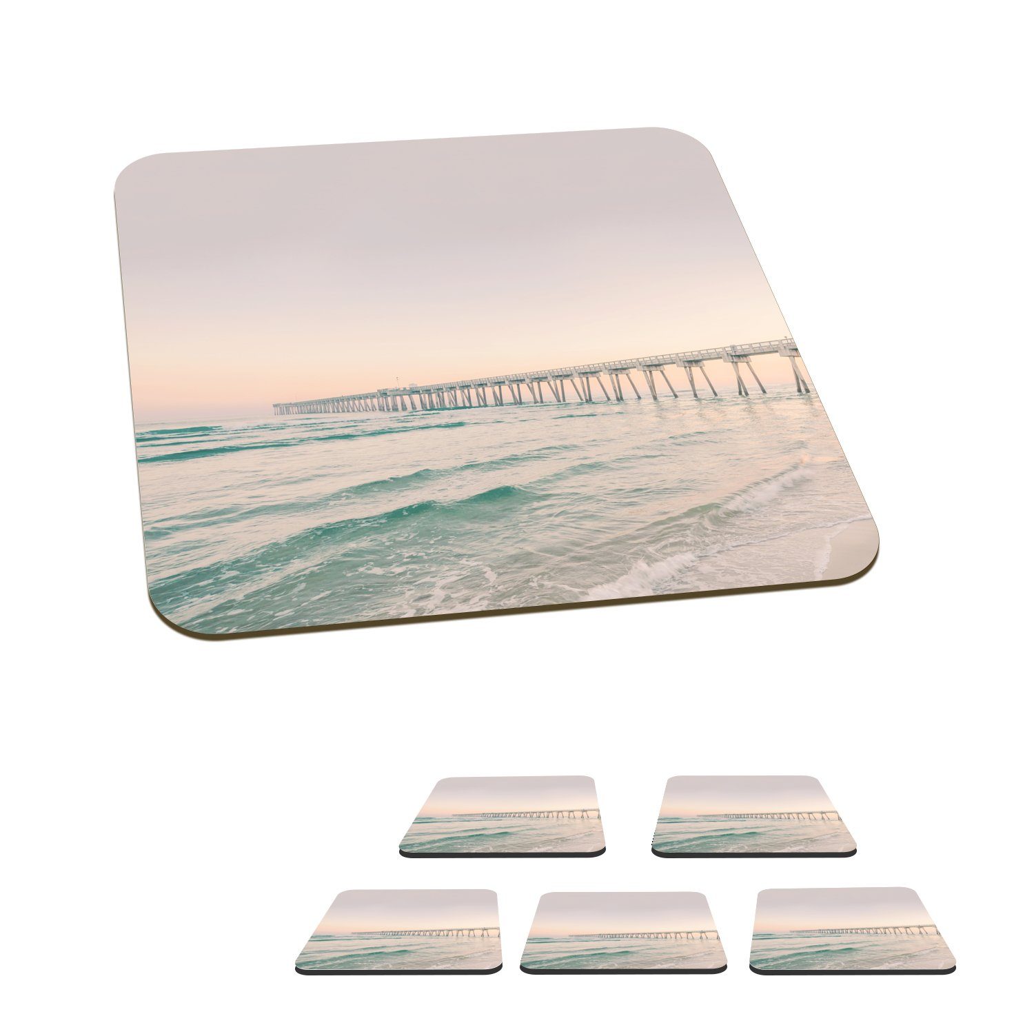 MuchoWow Glasuntersetzer Meer - Strand - Brücke - Natur - Sonnenuntergang, Zubehör für Gläser, 6-tlg., Glasuntersetzer, Tischuntersetzer, Korkuntersetzer, Untersetzer, Tasse