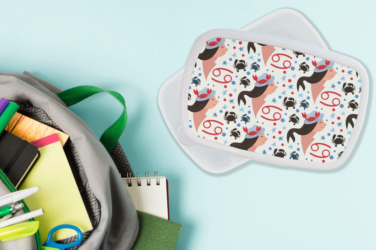 MuchoWow Lunchbox Tierkreiszeichen und Erwachsene, Mädchen - Jungs und Brotbox für weiß - für (2-tlg), Kinder Muster, Krebs Brotdose, Kunststoff