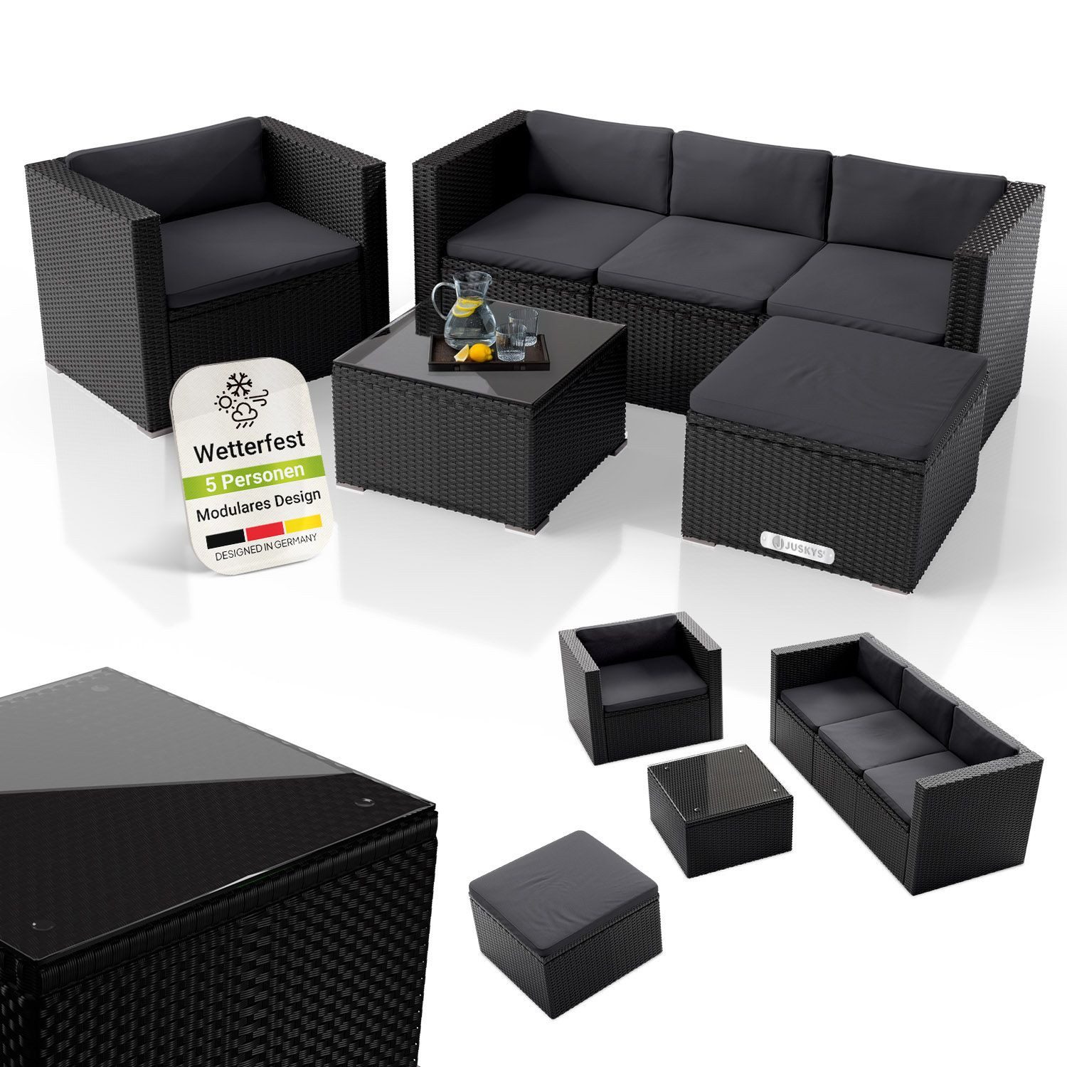 Juskys Gartenlounge-Set Punta Cana, (Set, Sitzgruppe), Polyrattan Sitzgarnitur mit 1 Tisch, 1 Ecksofa, 1 Sessel und 1 Hocker