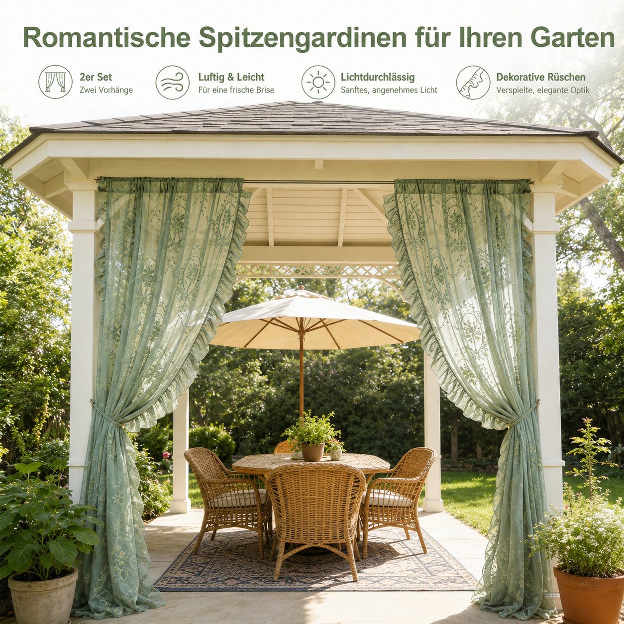 LMaxhome Gardine Vintage Gardinen 2er Set mit Rüschen, florale Spitze & Voile, Leichter Polyester Store für Schlafzimmer, Pavillon & Terrasse