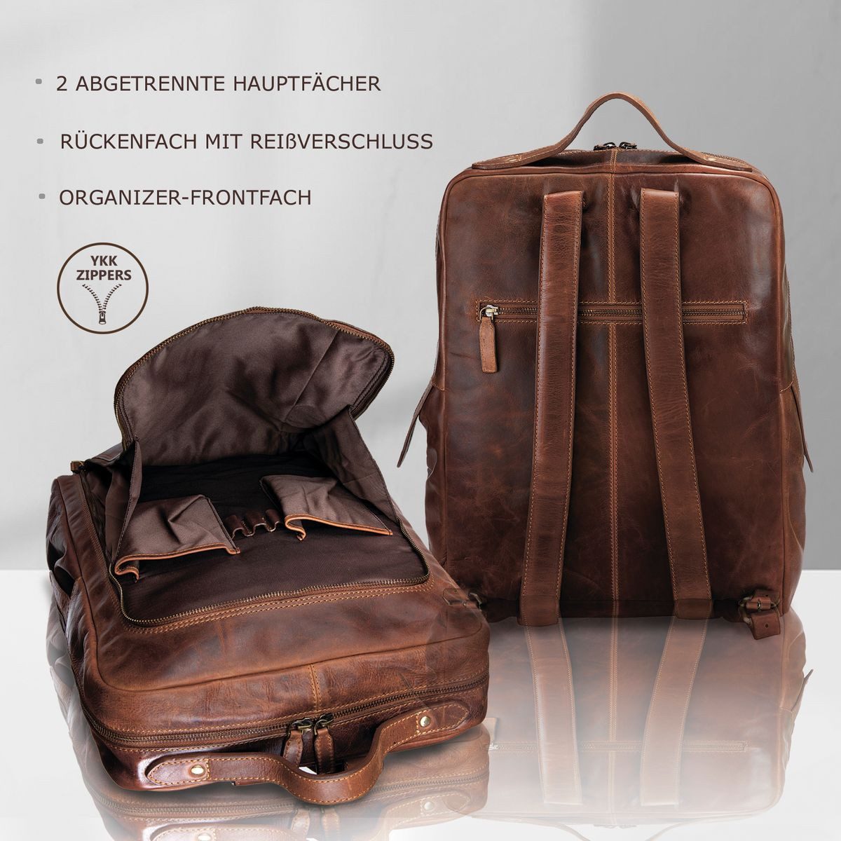 Corno d´Oro Freizeitrucksack Handmade Rucksack Herren Leder Lederrucksack Damen Groß, vintage braun, für 15,6 /17 Zoll Laptop, mit Organizerfach