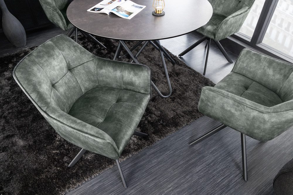 riess-ambiente Esszimmerstuhl LOFT grün/schwarz – Samt, drehbar, Metall-Füße, mit Armlehne (Einzelartikel, 1 St), mit 180° Drehfunktion und Autoreturn – ideal für Dein Esszimmer