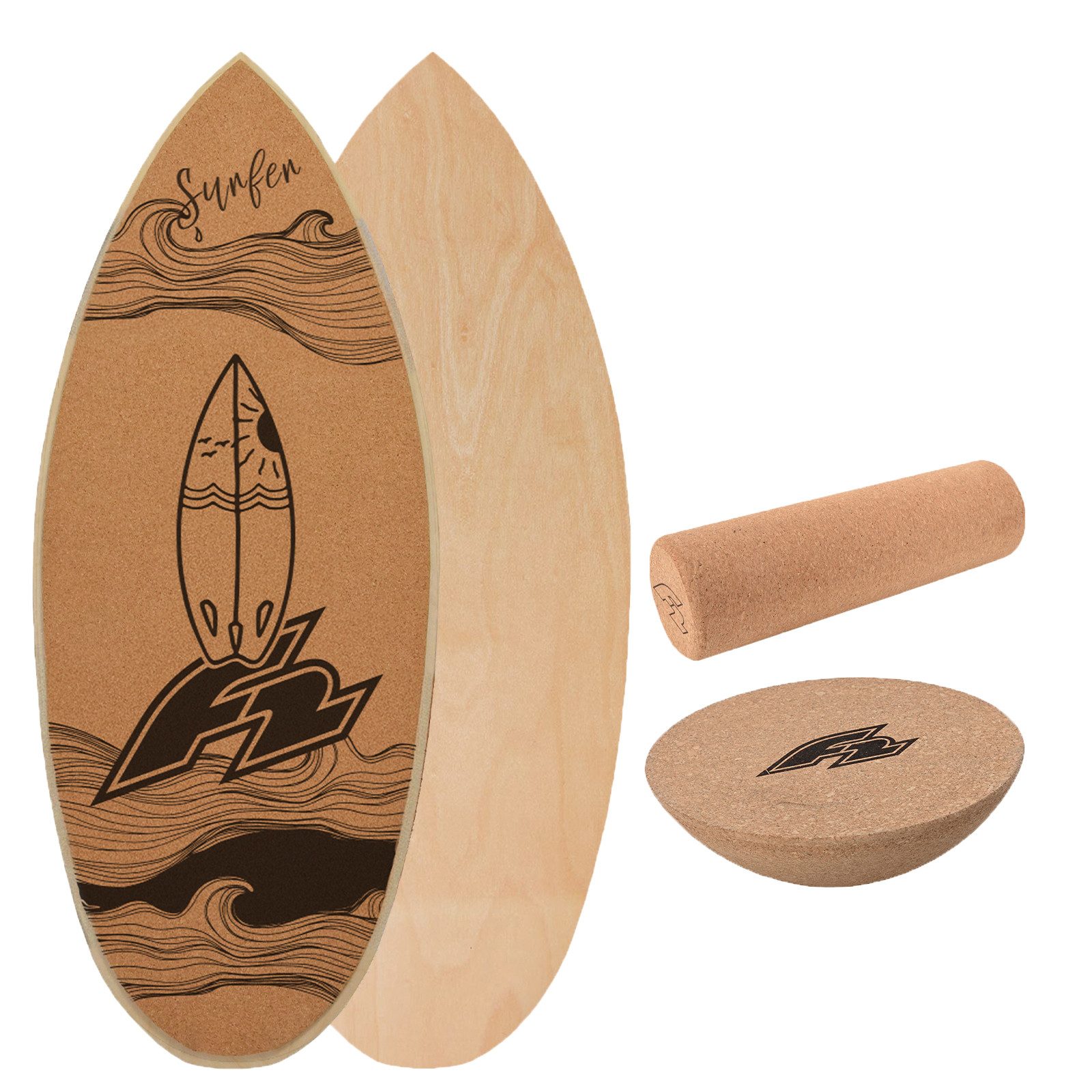 F2 Balanceboard F2 Kork Balance Board Surf 84x31cm mit Korkrolle + Kork Halbkugel