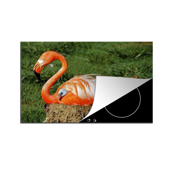 MuchoWow Herdblende-/Abdeckplatte Flamingo beschützt ihr Küken unter ihren Flügeln Vinyl (1 tlg) induktionskochfeld Schutz für die küche Ceranfeldabdeckung