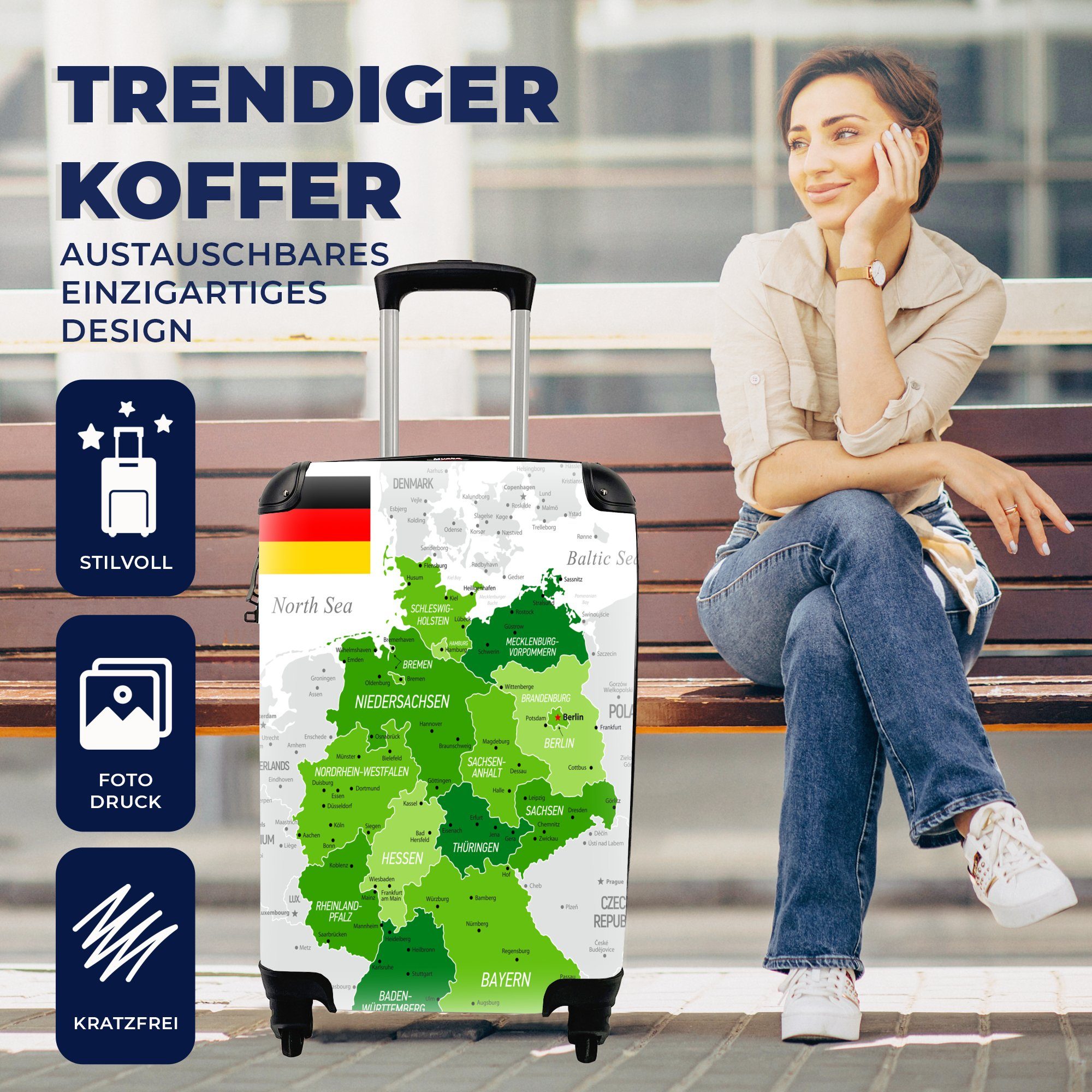MuchoWow Handgepäckkoffer Grüne Karte von für mit Handgepäck Deutschland, rollen, Ferien, Reisetasche Trolley, Rollen, 4 Reisekoffer