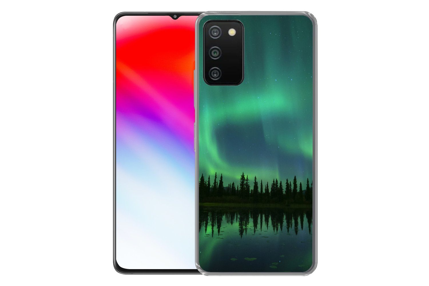 MuchoWow Handyhülle für Samsung Galaxy A03s Nordlicht - Bäume - Wasser - Alaska, Smartphone-Bumper, Print, Handy Schutzhülle Dünn