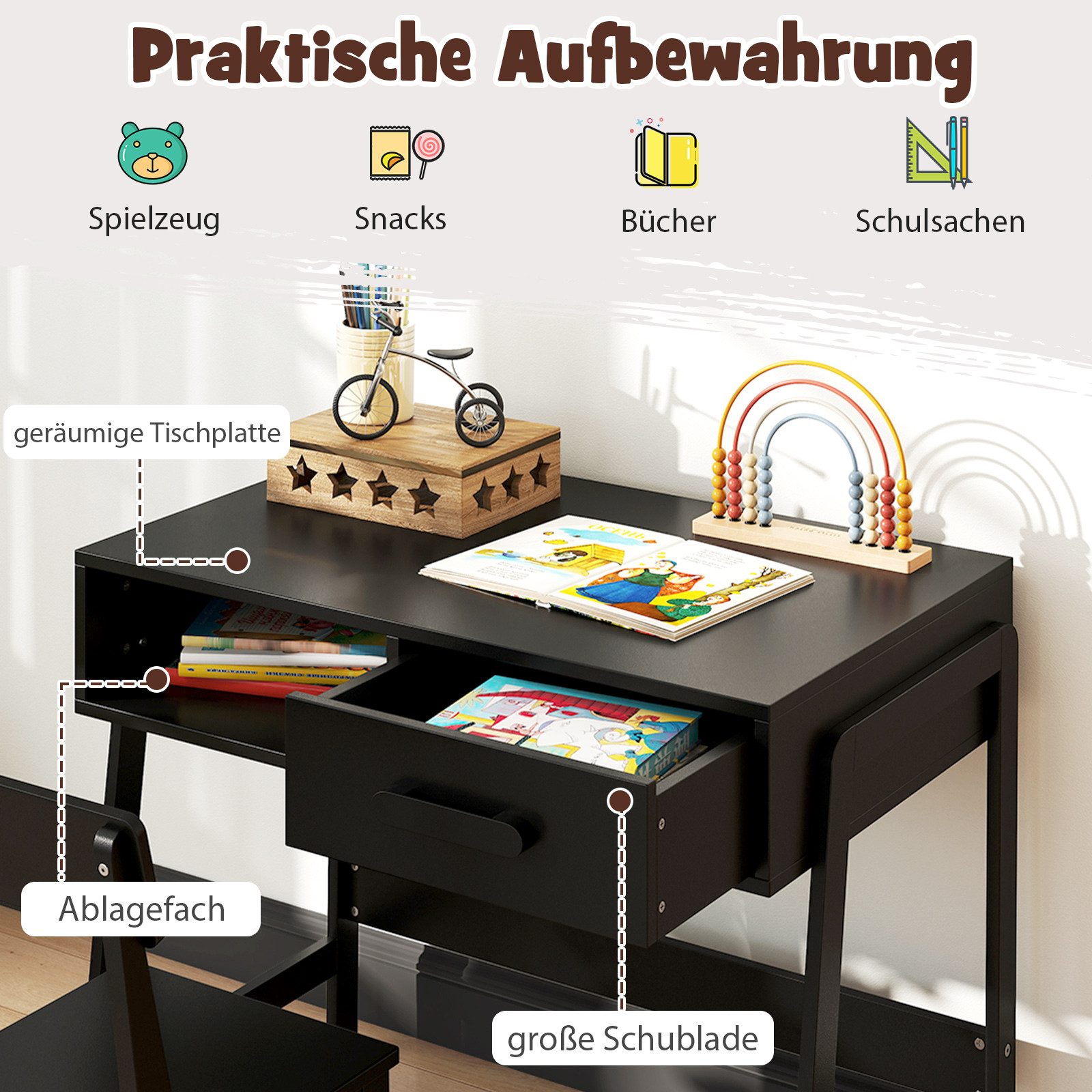COSTWAY Kinderschreibtisch (2-St., mit Kinderstuhl set), Holz, mit Schublade