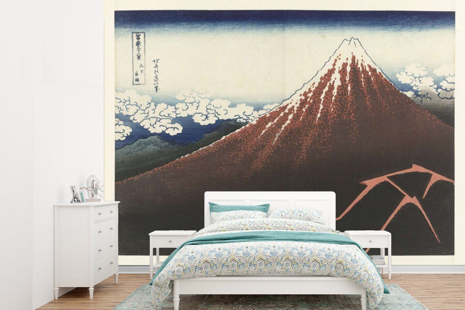 Montagefertig Gemälde MuchoWow - Wohnzimmer, Regensturm Vinyl Fuji Tapete für Berges Hokusai, am von bedruckt, Katsushika des Wandtapete St), Fuße Matt, Fototapete (6