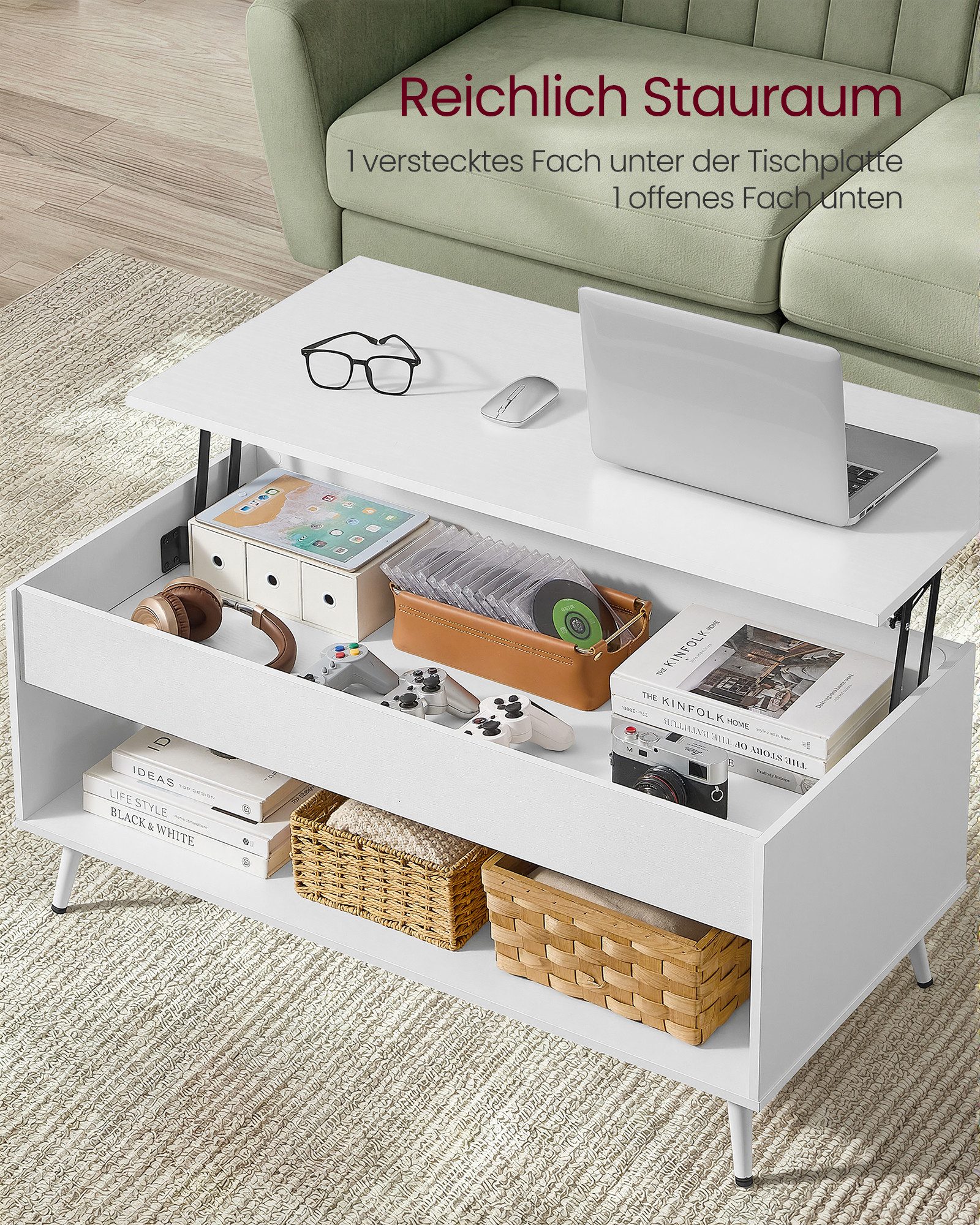 VASAGLE Couchtisch höhenverstellbarer Wohnzimmertisch, für Wohnzimmer, Homeoffice (inkl. Zubehörpaket & Anleitung, aufklappbar), Kaffeetisch, Gaszylinder, verst – Bild 5 von 5