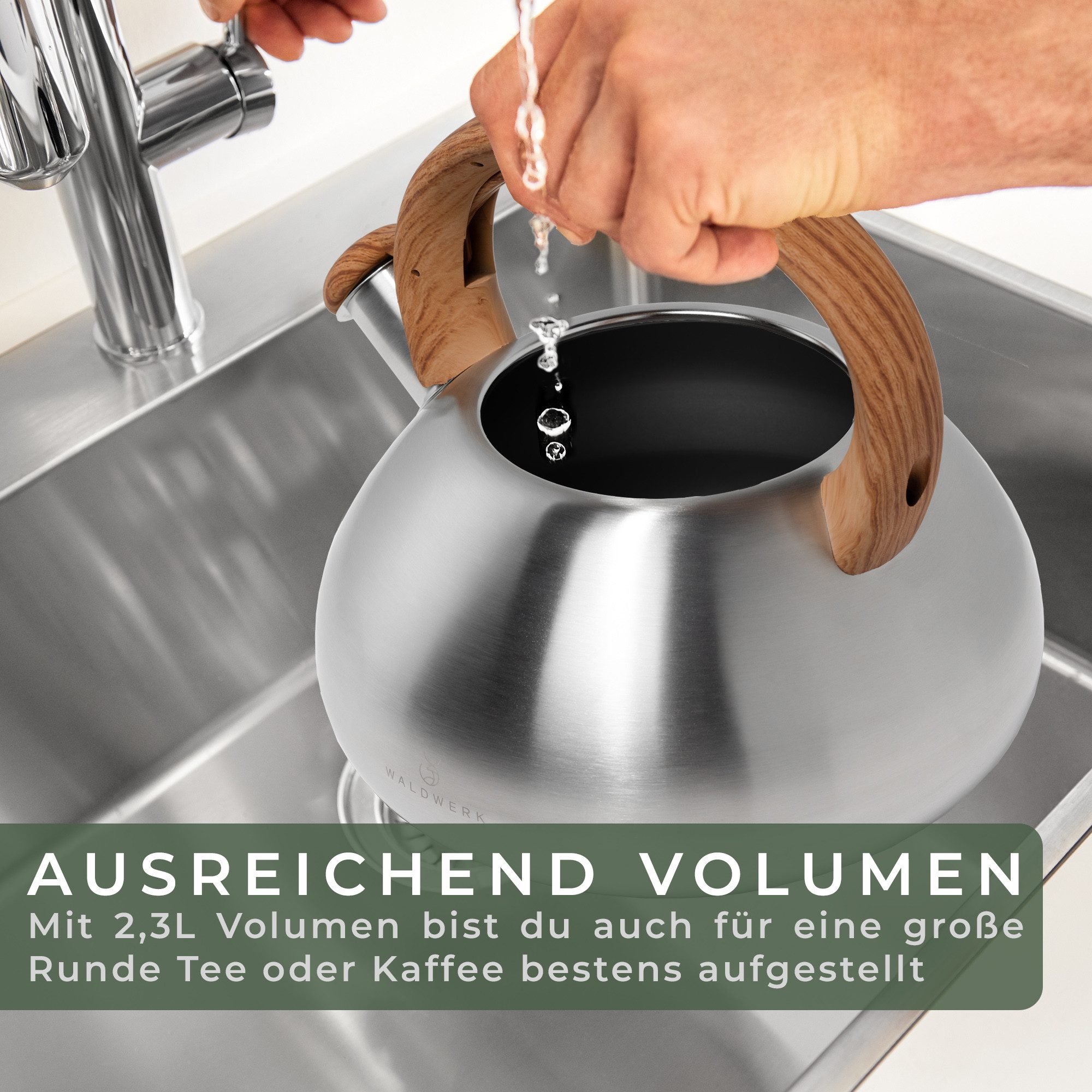 Waldwerk Wasserkessel (2,3L) - Für Induktion und Gasherd - Edelstahl & Kunststoff, Edelstahl, Teekessel - Flötenkessel mit Pfeifton