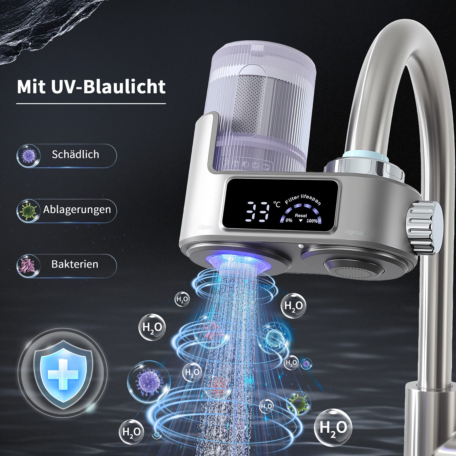 HOMELODY Wasserhahnfilter Wasserhahn Wasserfilter mit Blaulicht Heimküchen Wasserfilter, Zubehör für Küchenarmatur, Waschtischarmatur, Küche, entfernt Chlor, Schwermetalle, für Standard-Wasserhähne