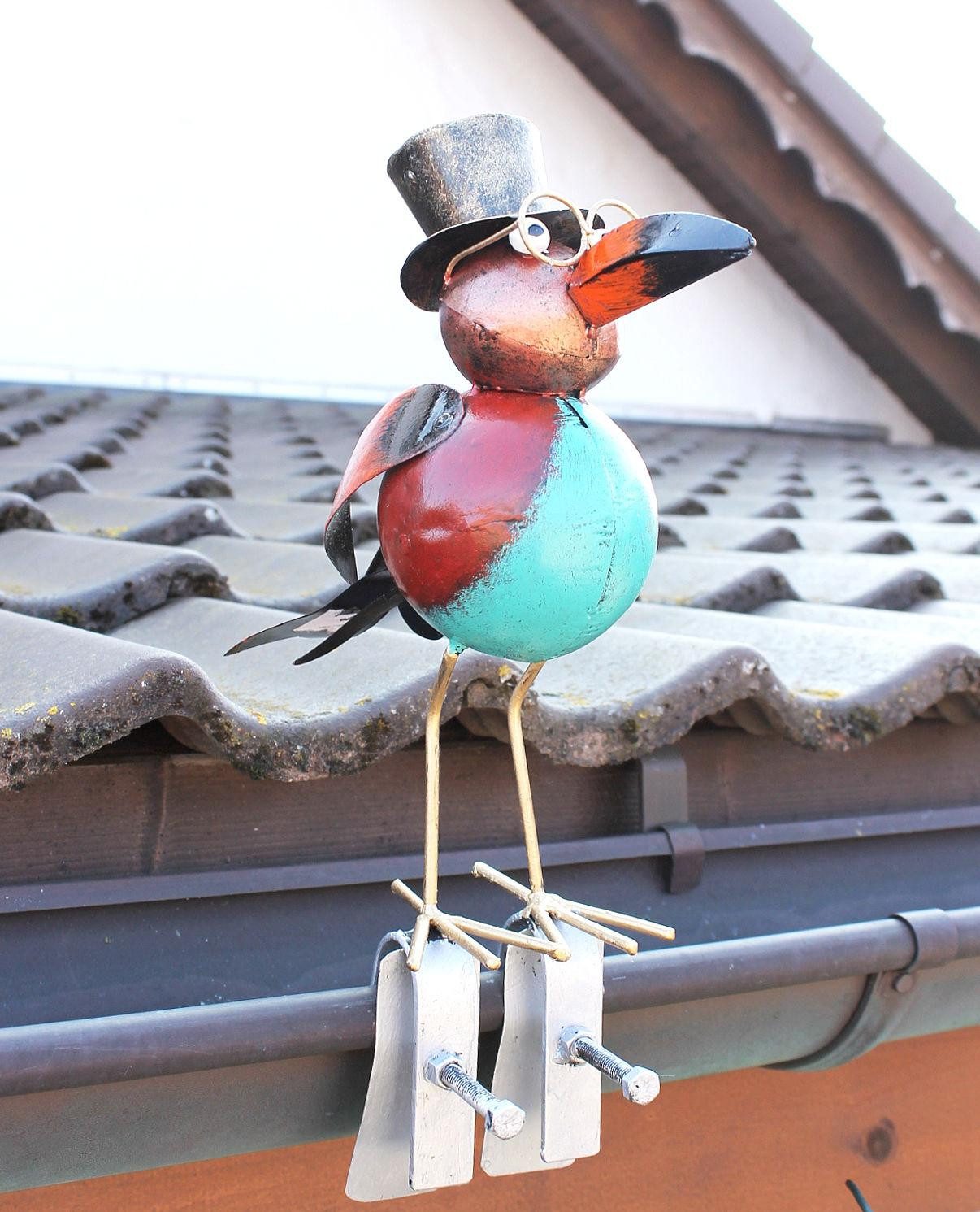 DanDiBo Gartenfigur Rabe Figur Deko für die Dachrinne 30 cm Bunt Vogel Metall, Dachschmuck Dachrinnenfigur Gartendeko Modern