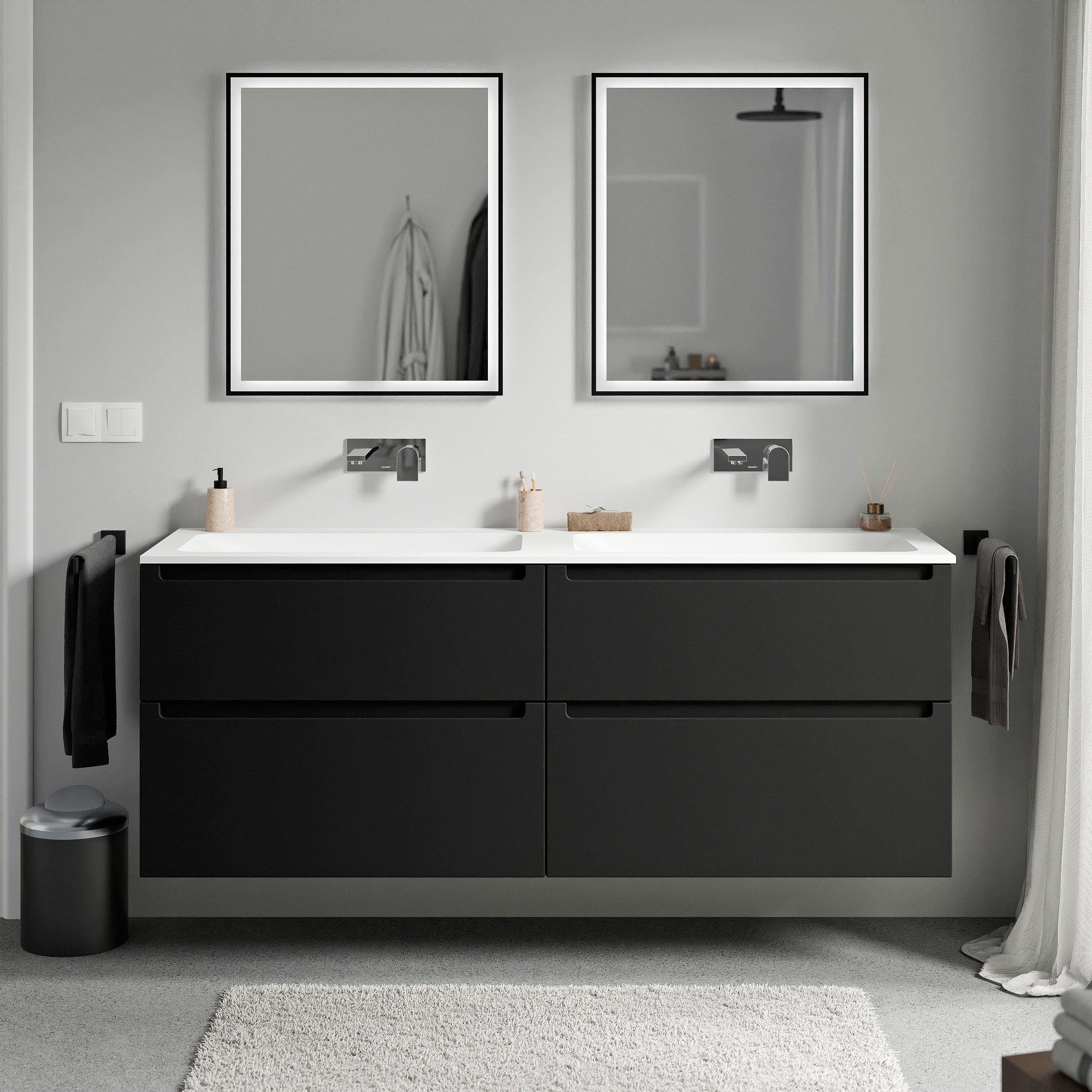 Bernstein Waschbeckenunterschrank VIREO 160cm Schwarz matt CREAM Weiß matt Waschtischunterschrank mit Doppelwaschbecken 4 Schubladen
