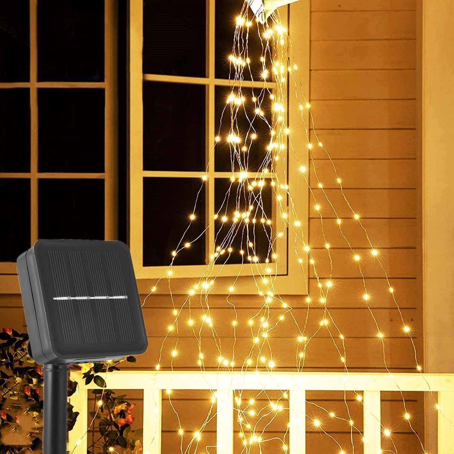 iscooter Wasserfall Außen LED integriert, Solarleuchte 8 fest Lichterkette Partys für Weihnachten, LED Garten, 100 Solar 100-200 warmweiß, Hochzeiten, LED, LEDs Modi, Lichterketten 2M Lichterkette wasserdicht,