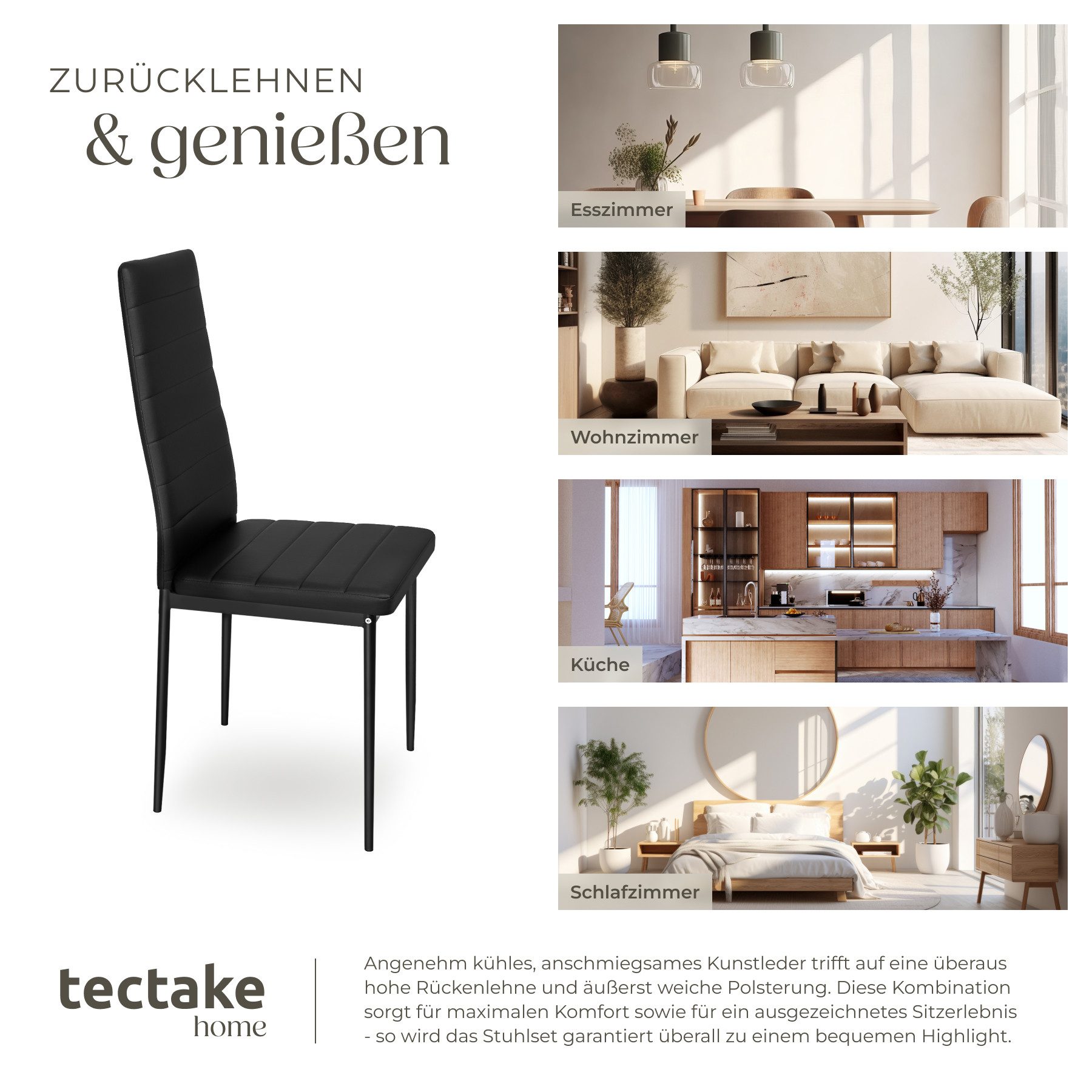 tectake Esszimmerstuhl Küchenstühle Kunstleder (Set, 4 St), Leicht, weich, sehr bequem und verfügen über einen hohen Sitzkomfort