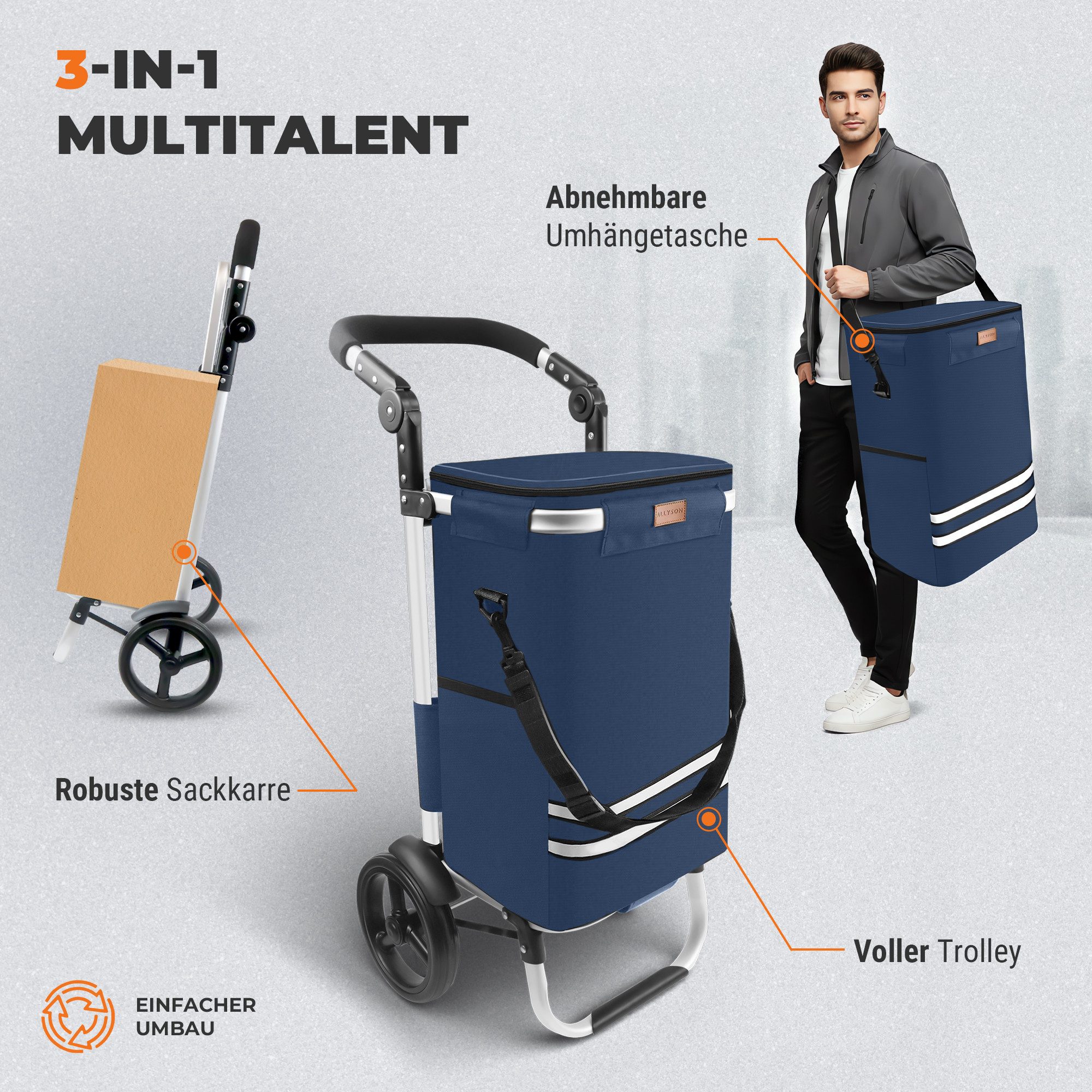 Allyson Einkaufstrolley Einkaufswagen klappbar, Einkauftrolley mit 56L Kapazität & Kühlfach, 2-in-1 Funktion: Tasche abnehmbar, Gestell als Sackkarre nutzbar.