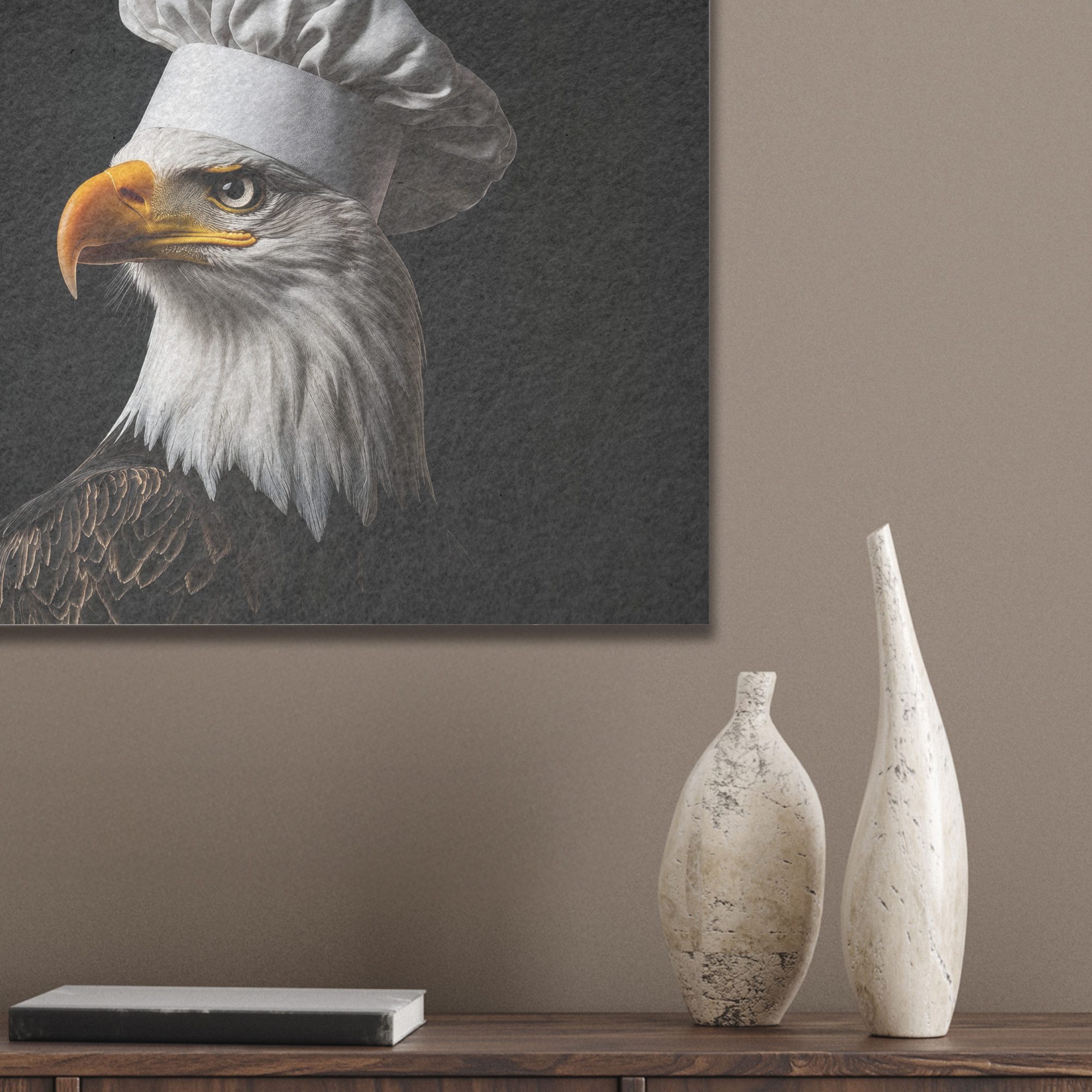 MuchoWow Gemälde Adler - Amerika - Kochmütze - Vogel - Cool - Küche, Fotodruck (1 St), Akustikpaneele PET-Filz, Akustikbild, Schalldämmung, Deko 40x30 cm