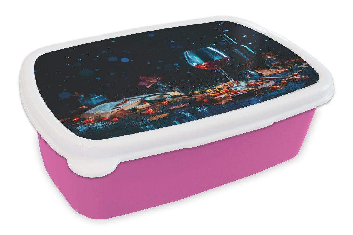 MuchoWow Lunchbox Kunststoff Mädchen, Kinder, - Rot, Herbst (2-tlg), Wein Brotbox Brotdose Snackbox, Erwachsene, - rosa für Kunststoff