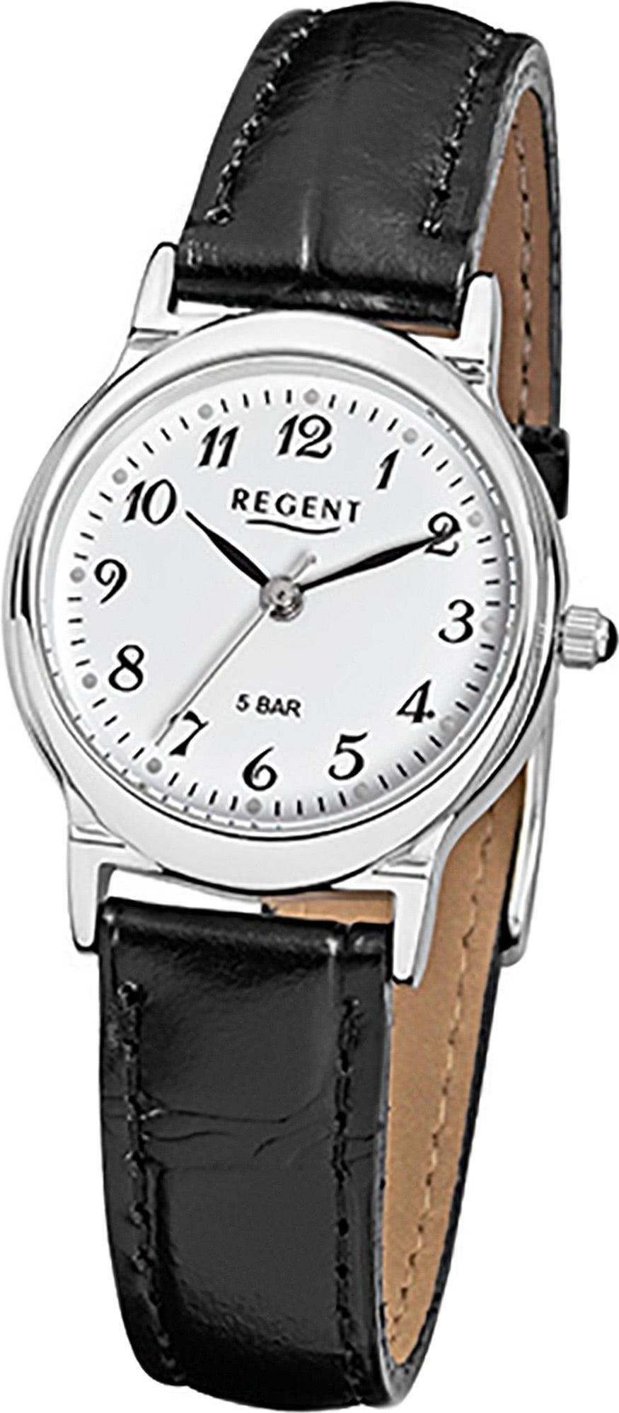 Regent Quarzuhr Regent Leder Damen Uhr F-013 Quarzuhr, Damenuhr Lederarmband schwarz, rundes Gehäuse, klein (ca. 27mm)