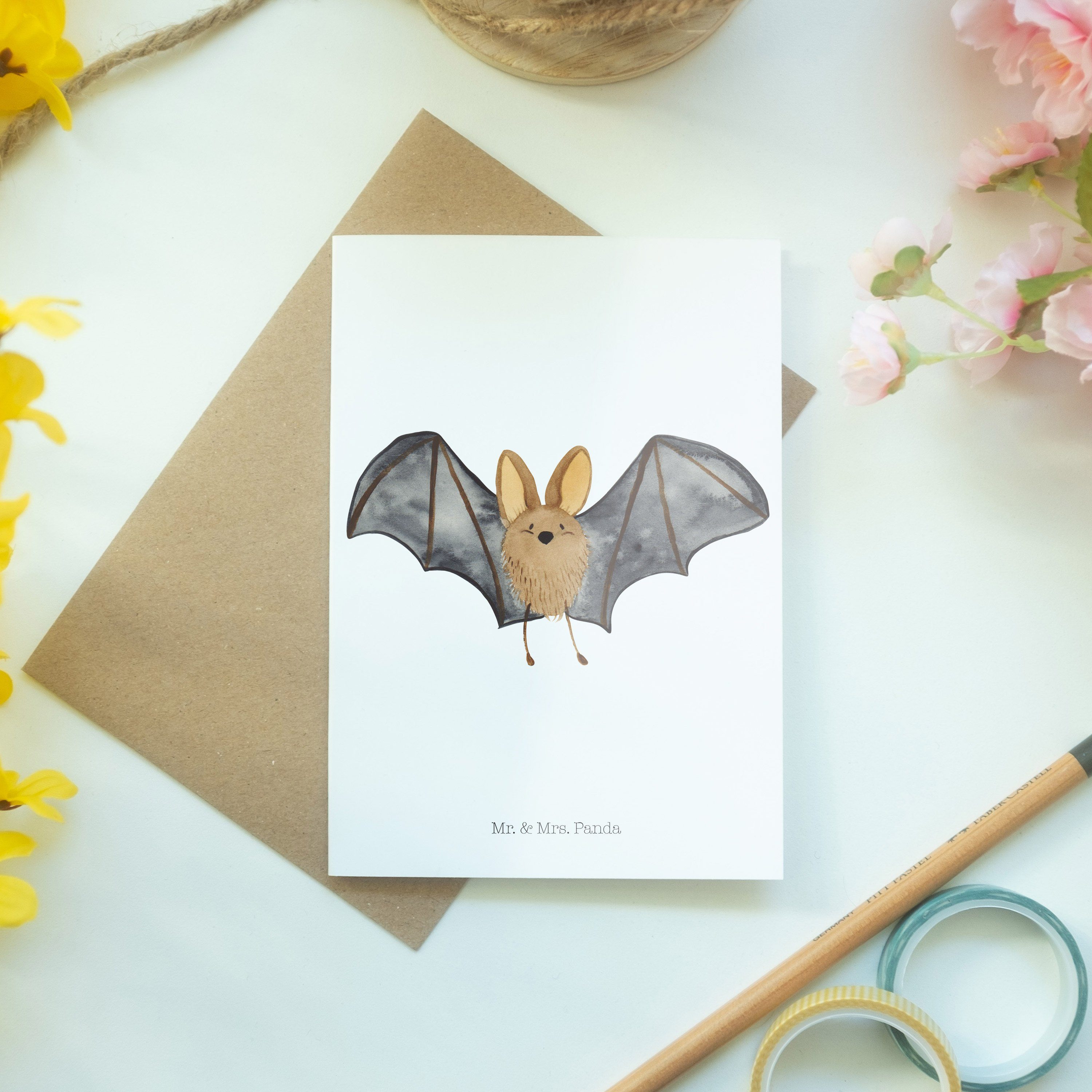 Mr. & Mrs. Panda - Grußkarte Einladungskarte Fledermaus Geschenk, Hochzeitskarte, - Flügel Weiß