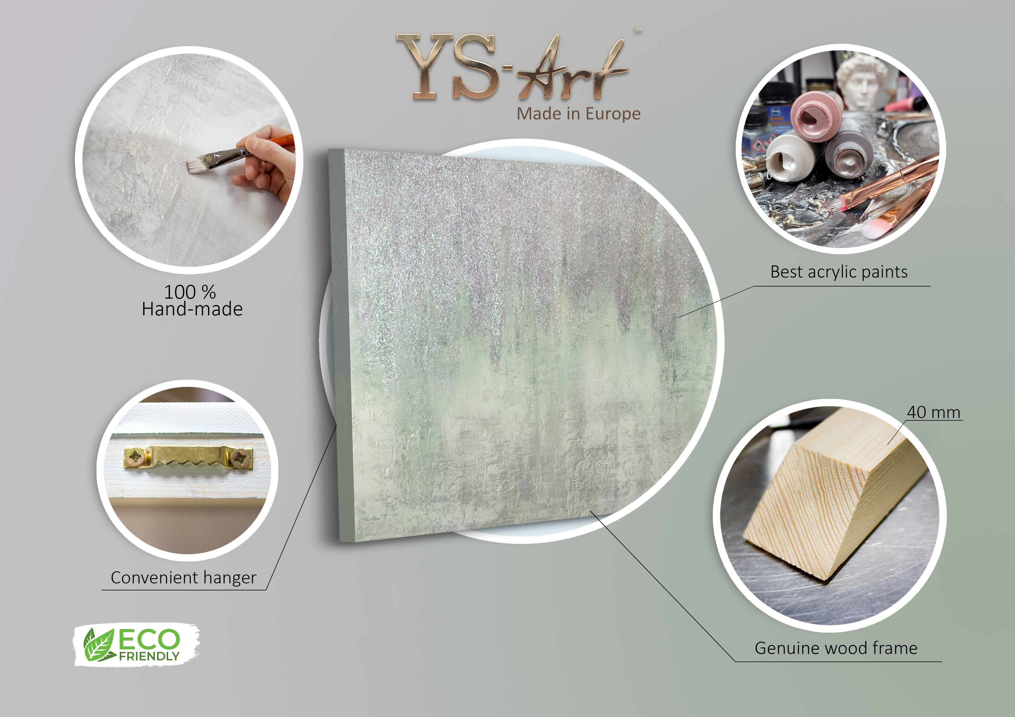 Grün YS-Art Abstraktes Gemälde Leinwand Bild Glitter Handgemalt Glittzer Silber Abstrakt, Frost,