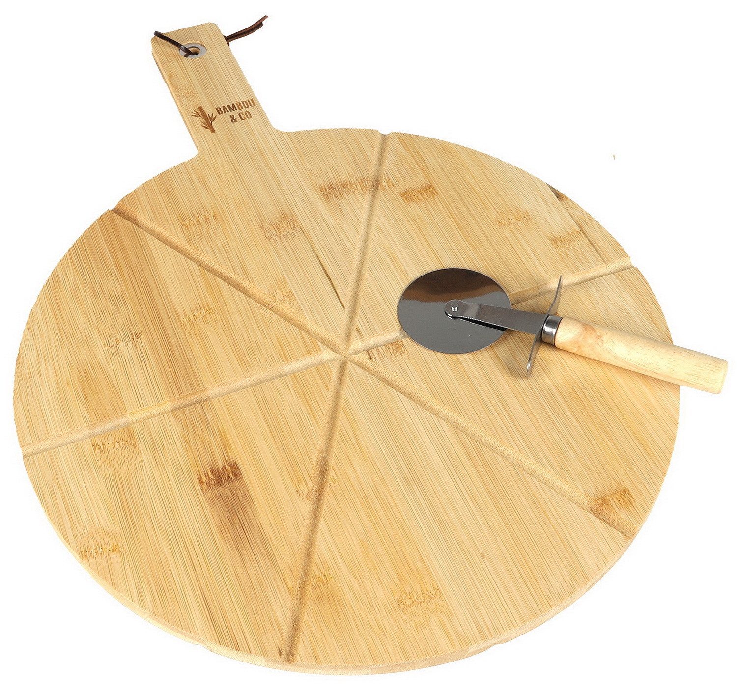 Bambou&Co Pizzaschneidebrett 2-tlg. Set Pizzabrett mit Pizzaschneider Pizza-Schneidebrett Brett, Bambus, (Pizzaset / Pizzaschneidset, Rollschneider + Rundbrett), rundes Brett mit Einkerbungen für gleichmäßigen Schnitt