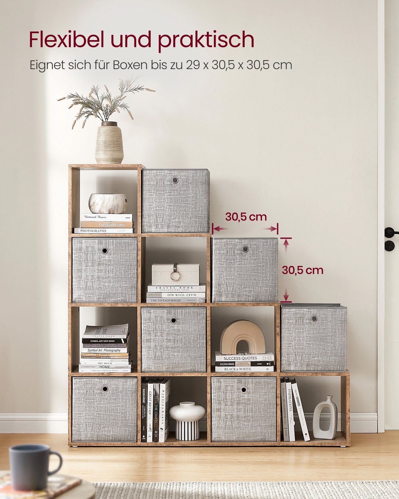 VASAGLE Bücherregal, Raumteiler, Würfelregal, viel Stauraum, Stufenregal