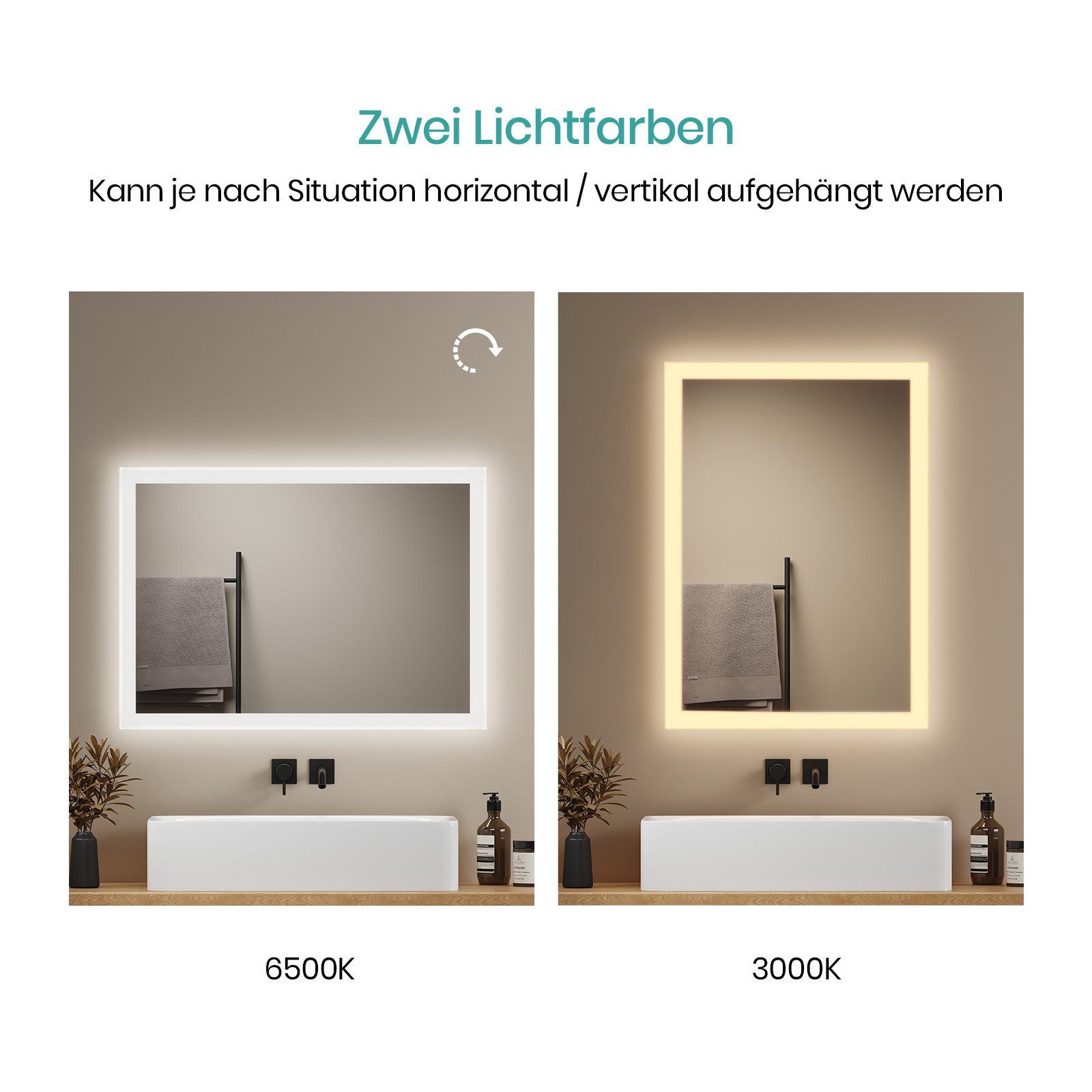 EMKE Badspiegel mit LED-Beleuchtung, Knopfschalter und 2 Lichtfarben, Antibeschlag (Breite: 60~120cm, Vertikal und Horizontal möglich), Warmweiß/Kaltweiß, Dimmbar, 2 Lichtfarbe, IP44
