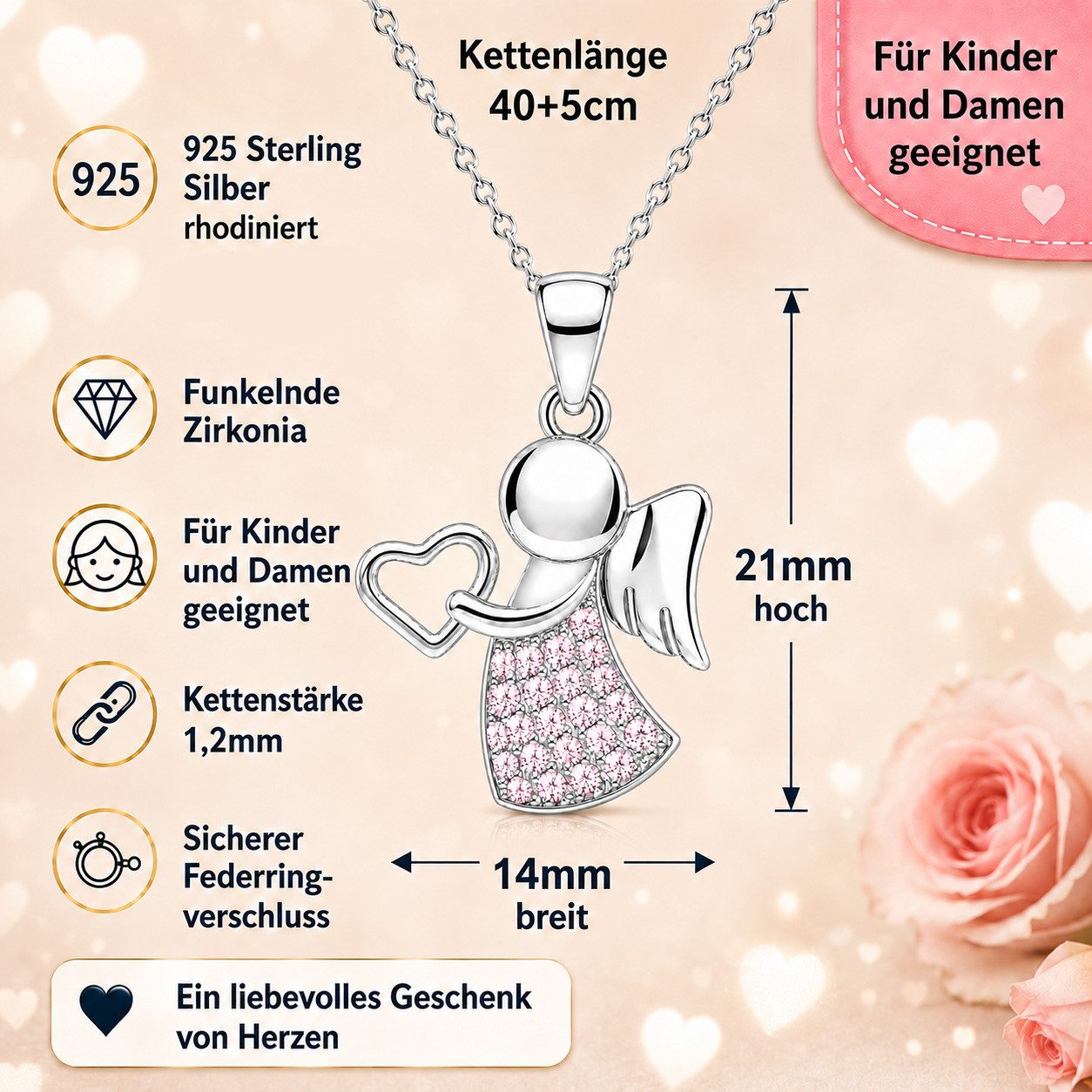 Limana Engelanhänger Schutzengel Kinder Mädchen Kette 925 Silber Herz Zirkonia Geschenk (Schmuck inkl. Dose), Geburtstag Weihnachten Einschulung Konfirmation Ko – Bild 4 von 5
