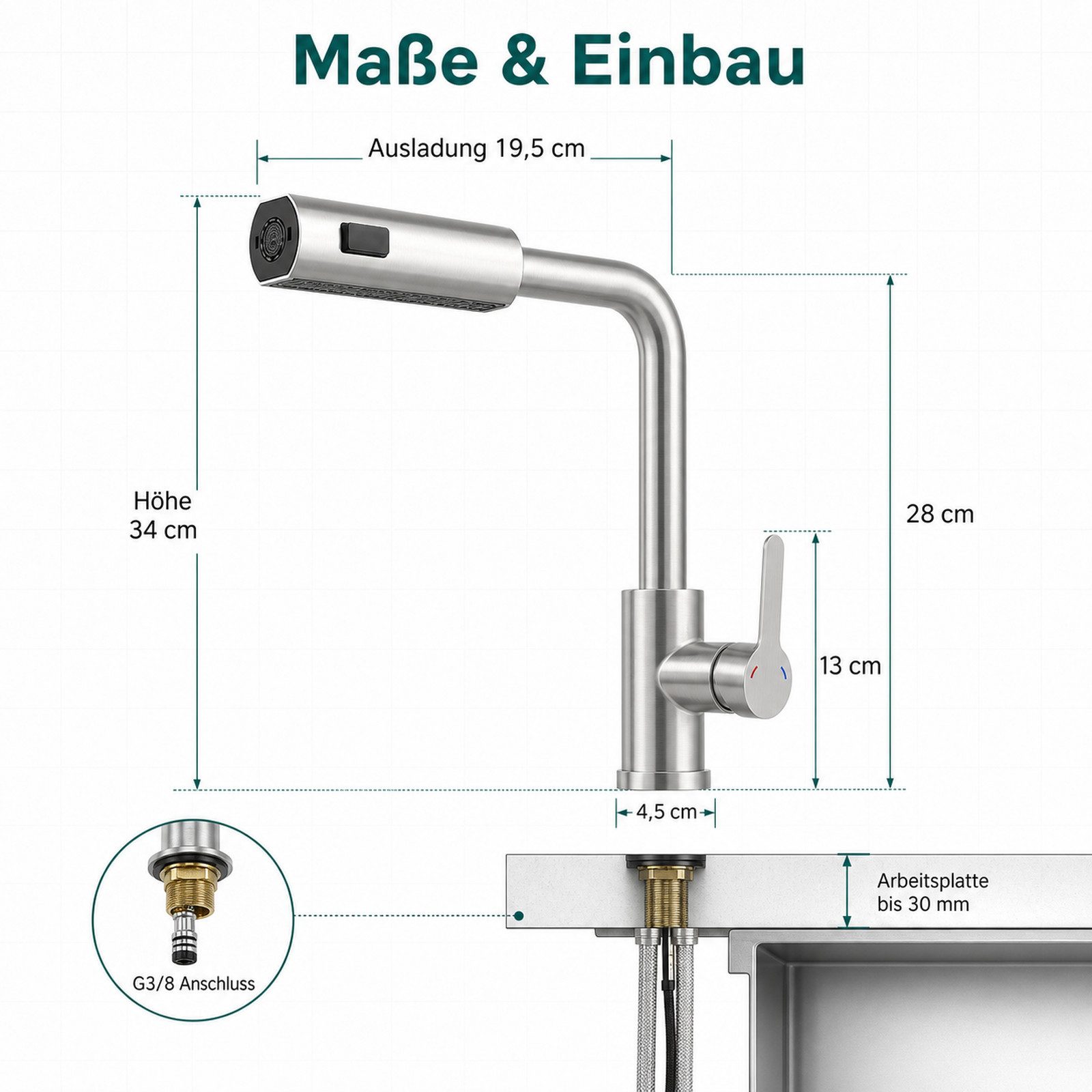 Ledklang Küchenarmatur Schwarz/Silber Edelstahl Optik ausziehbarer Brause Spültischarmatur (1-St) Einhebelmischer für Küchenspüle Armatur 360° Drehbar 3 Strahla – Bild 3 von 5