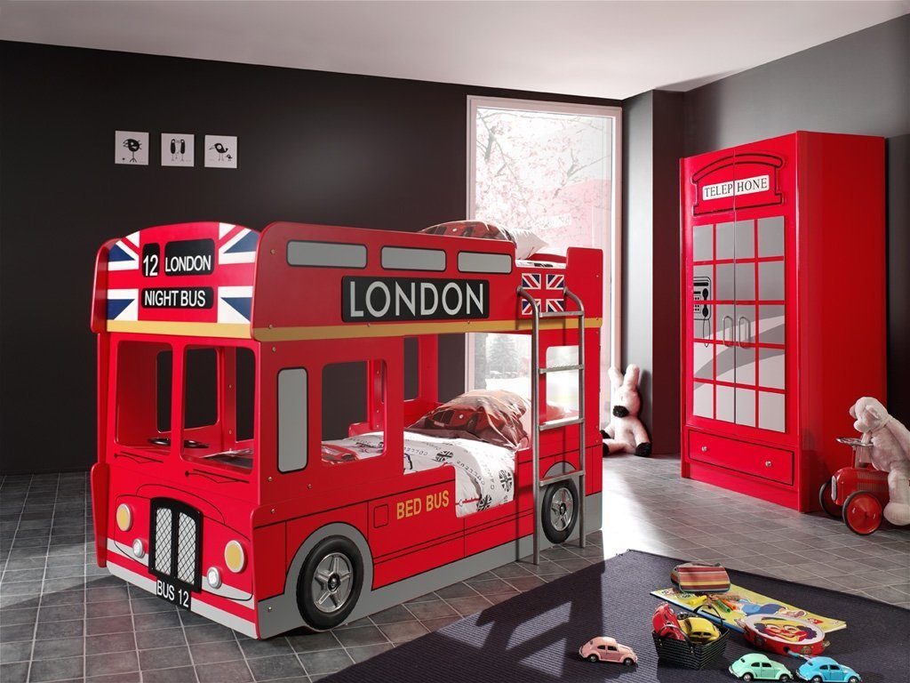 Natur24 Kinderbett Set Bett London Bus und Kleiderschrank