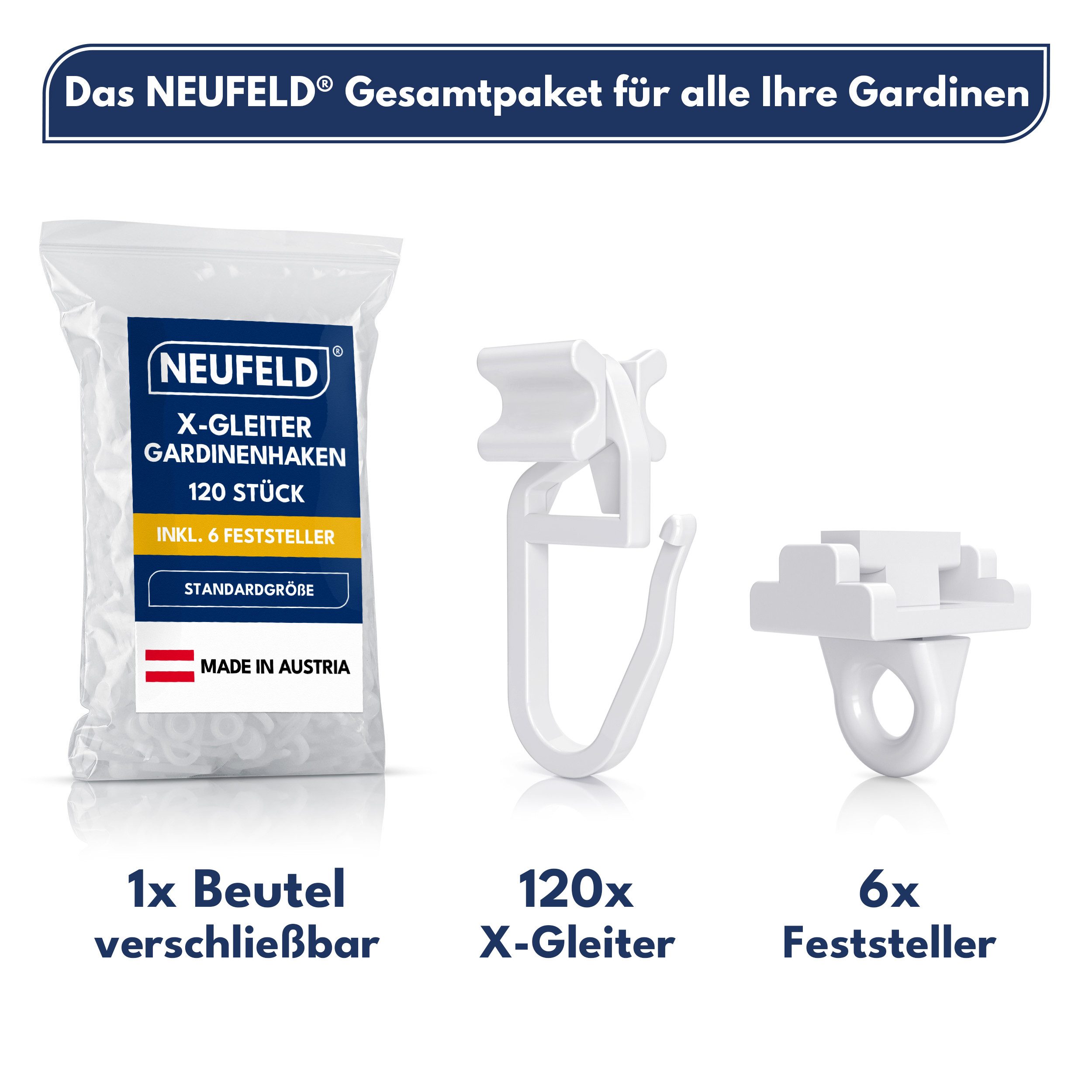 NEUFELD Gardinengleiter X-Gleiter 120 Stück inkl. 4 Feststeller, für 6mm Innenlaufschienen, (Set, 120 X-Gleiter inkl. 6 Feststeller), waschfest · leichtgängig · – Bild 4 von 5