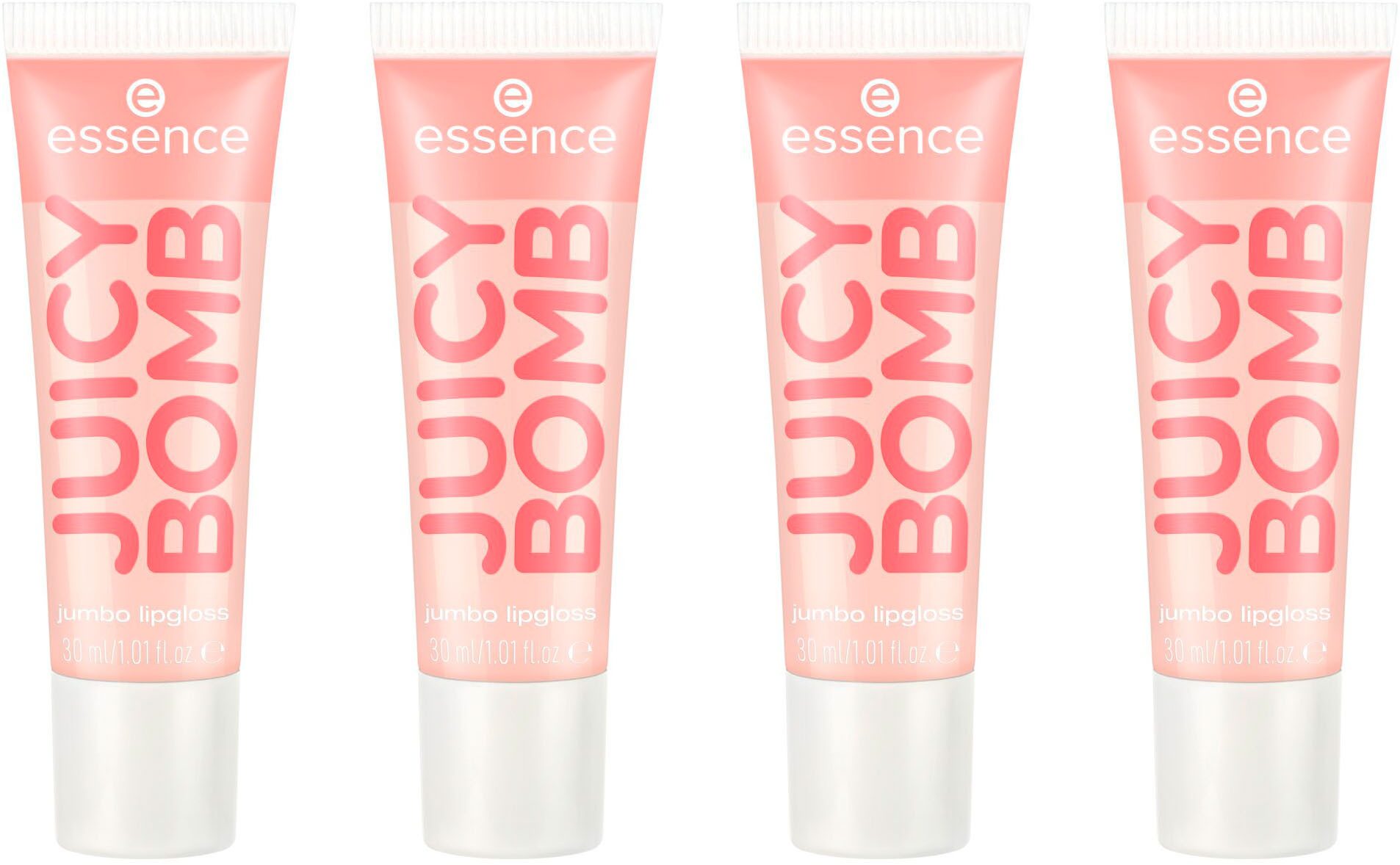 Essence Lipgloss JUICY BOMB PARTY JUMBO LIPGLOSS, 4-tlg., Ultraglänzendes Finish, transparente Textur, Litschi-Duft, vegan.