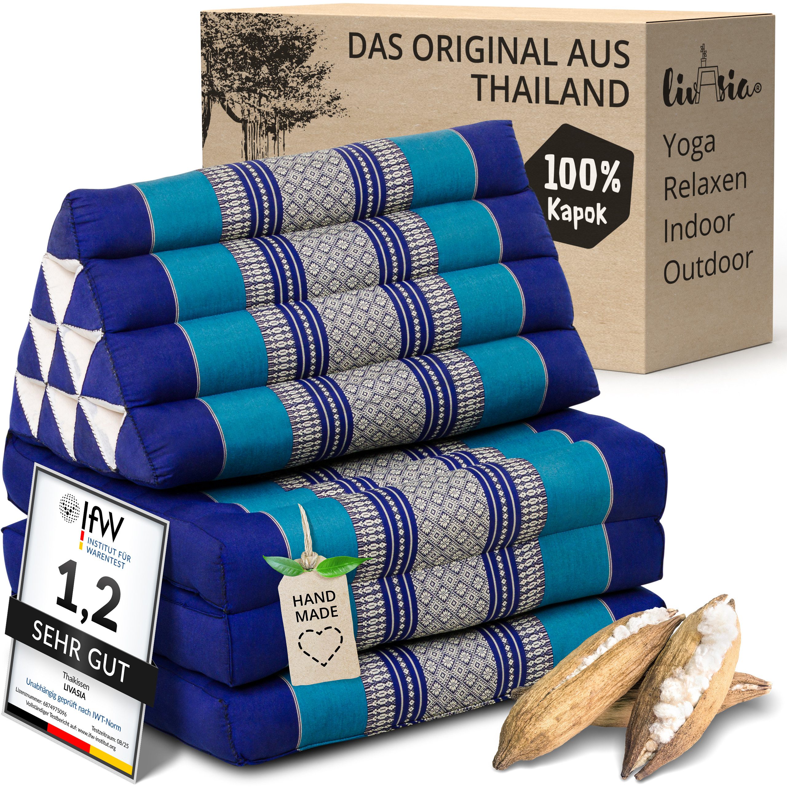 livasia Sitzsack Thaikissen 3 Auflagen (Classic) vegan und handgefertigt, 175x50x8cm, Kapok