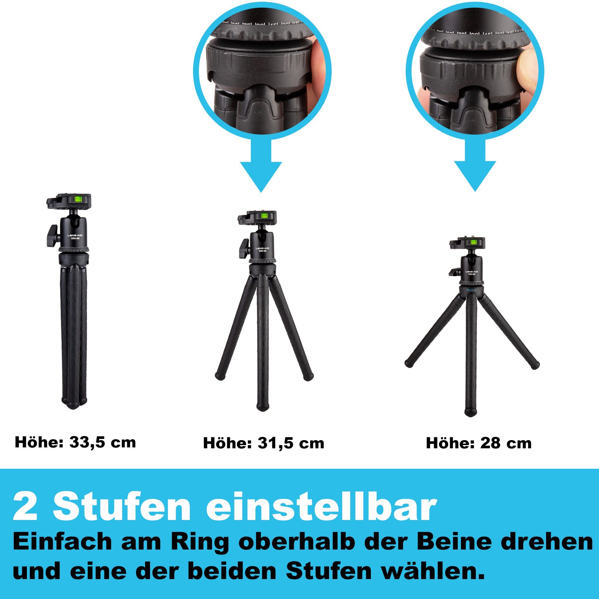 Lens-Aid PRO-Stativ mit (360° Ministativ Kugelkopf, Wasserwaage) flexiblen Beinen