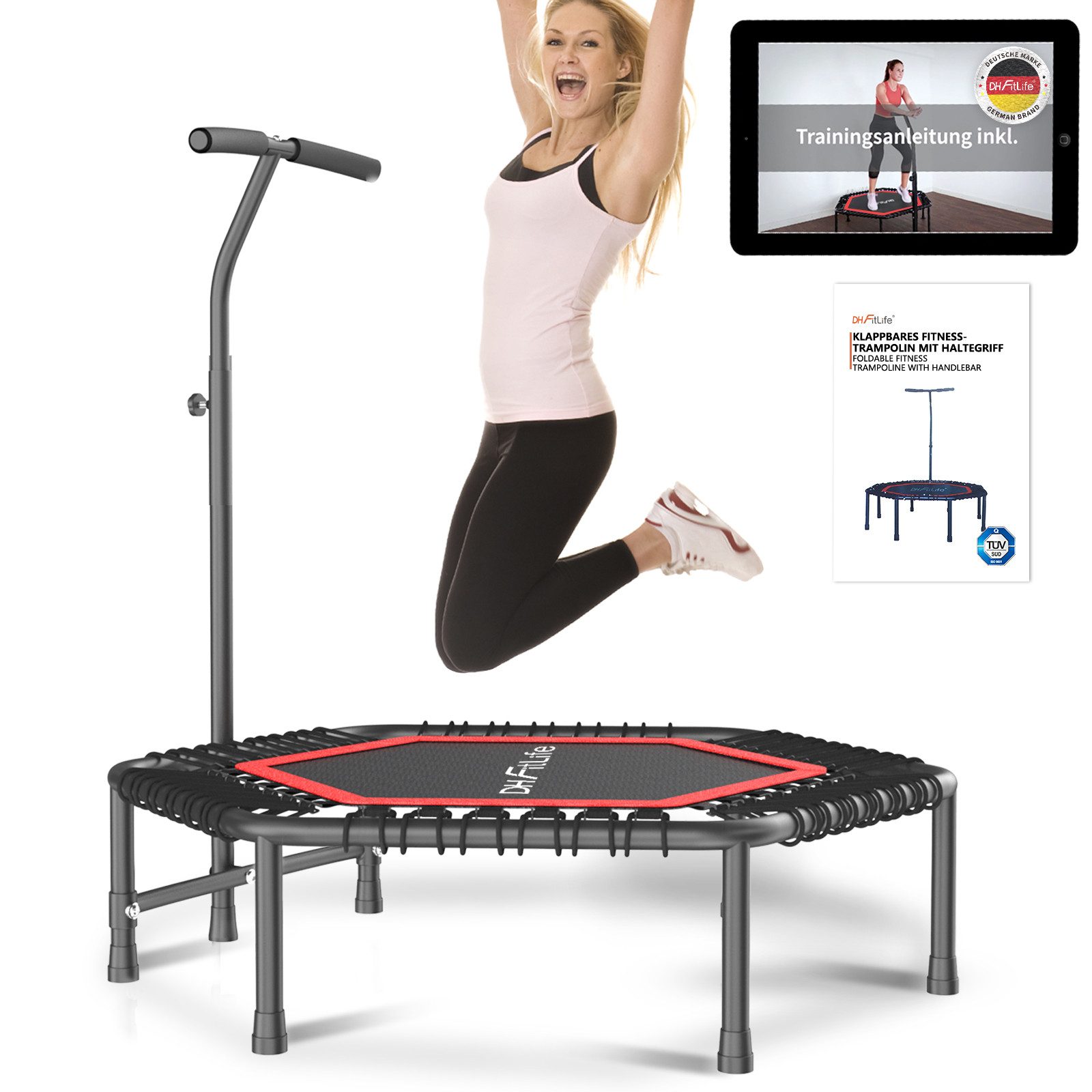 DH FitLife Fitnesstrampolin Indoor Mini Trampolin Ø 114 cm, Ø 114 cm, Tragfähigkeit 150 KG, 3 Handgriffstufen, stabil und leise