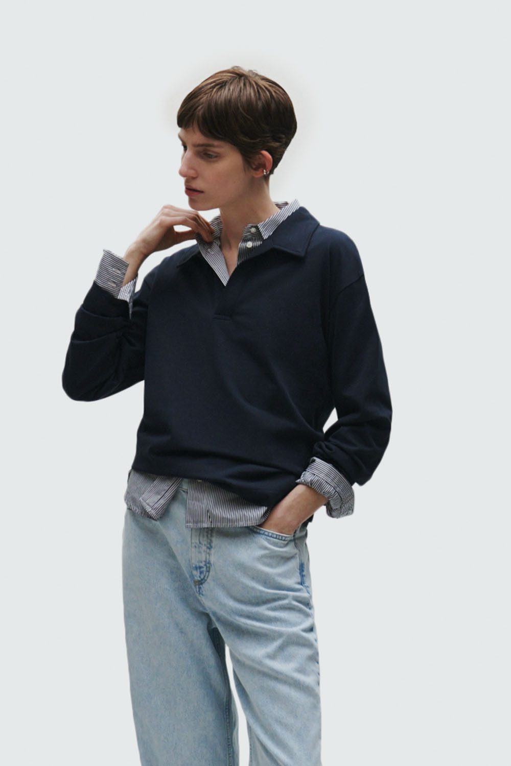 Langarm-Poloshirt Heavy Jersey-Woven