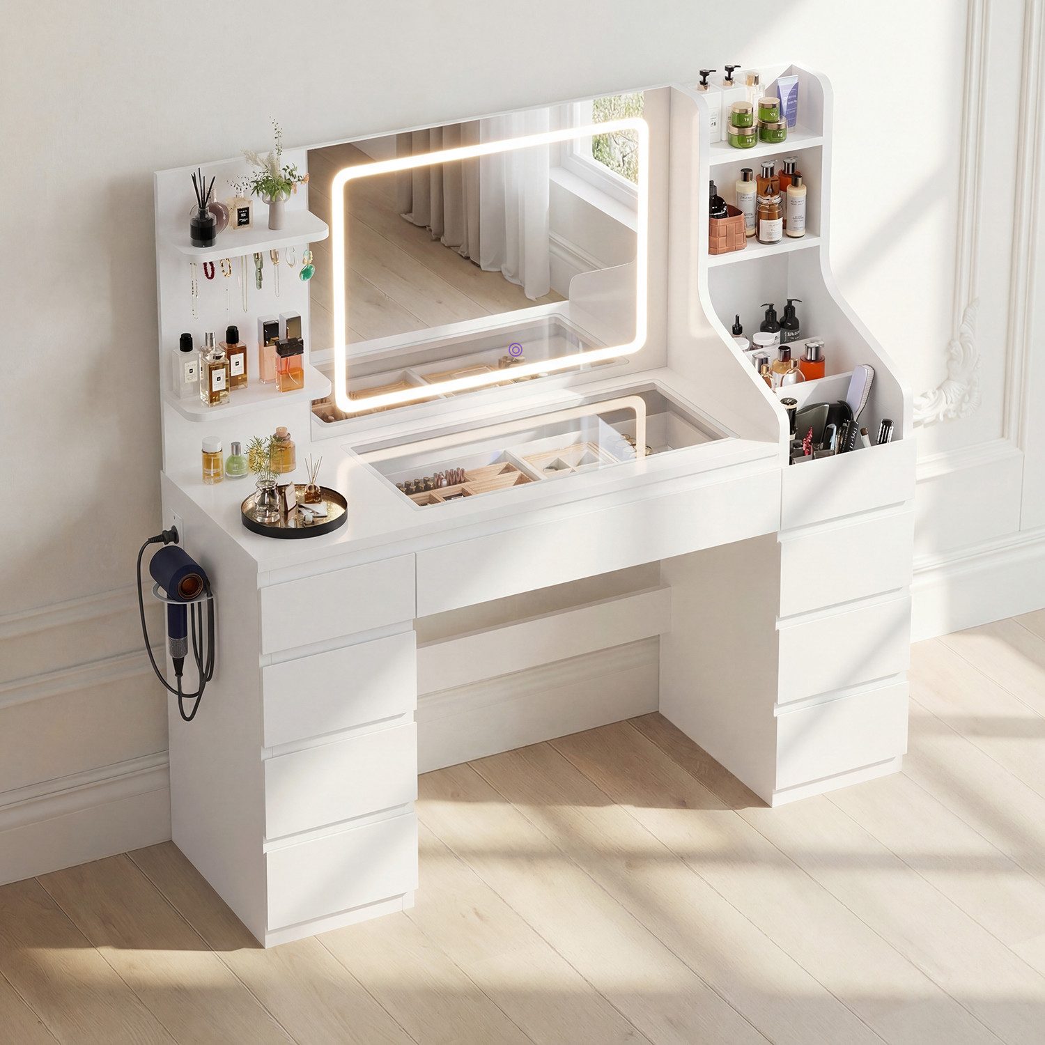 HOMALL Schminktisch Dreifarbiger, LED-beleuchteter Schminktisch Extra großer Stauraum (Maße: 135 × 40 × 137 cm, Arbeitsplatte aus gehärtetem Glas, mit 7 offenen – Bild 4 von 5