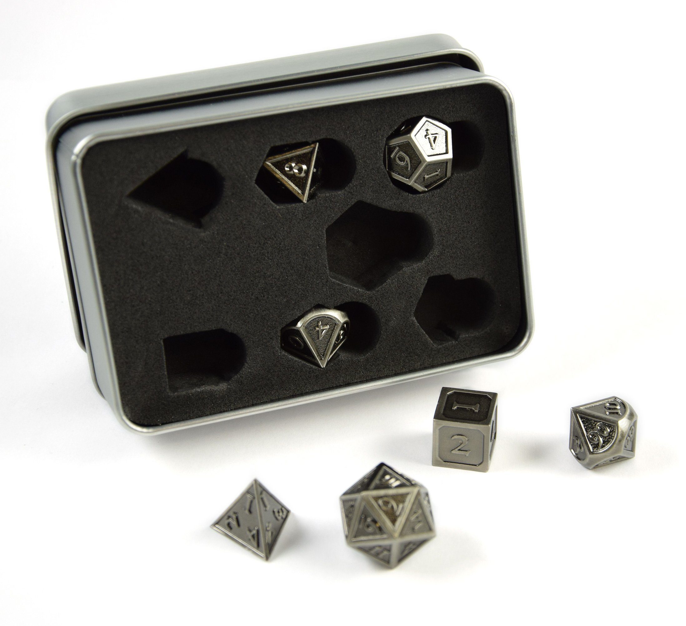 SHIBBY Spielesammlung, 7 polyedrische Metall-DND-Würfel in Steampunk Optik, inkl. Aufbewahrungsbox Silber