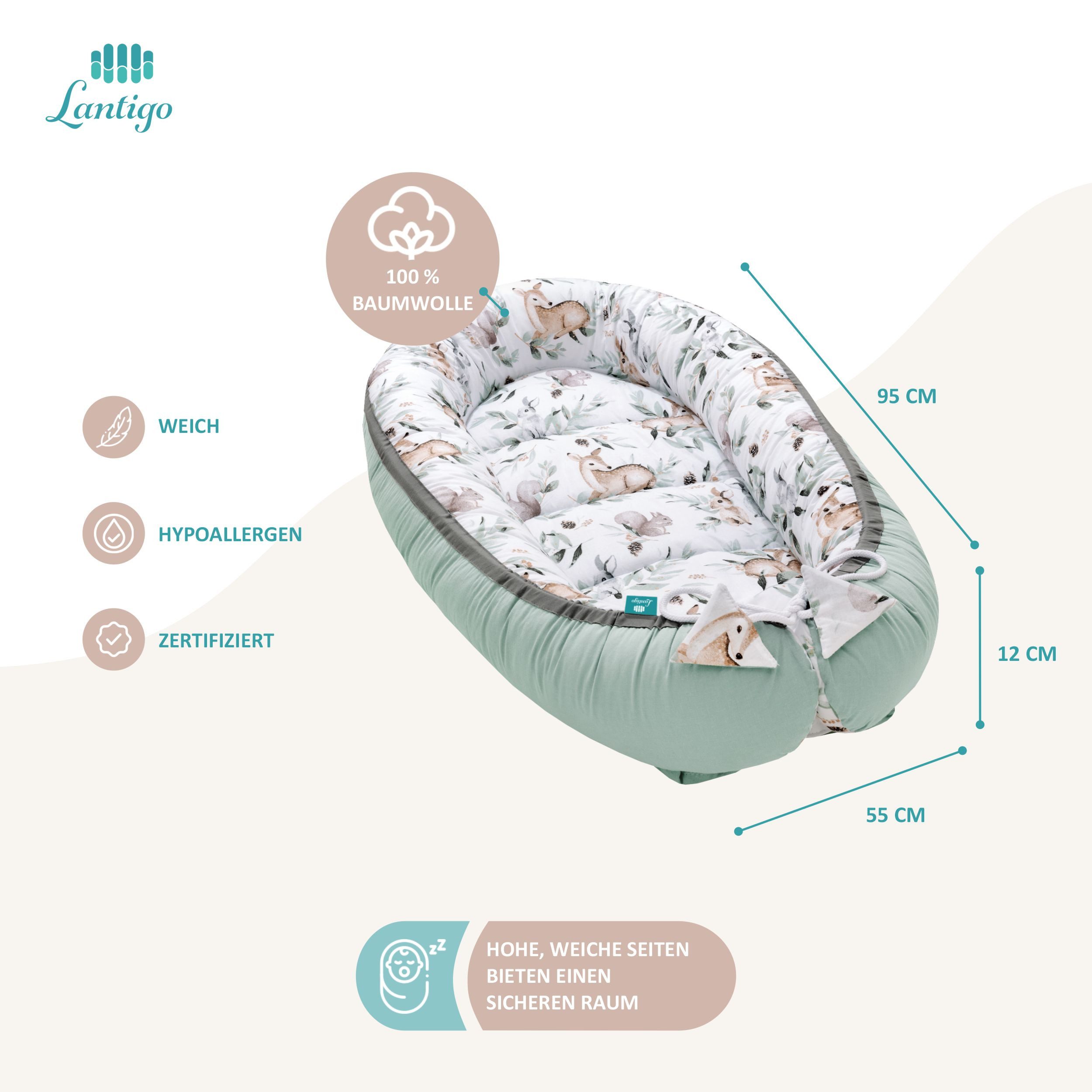 Lantigo Bettnestchen Nest Set für Neugeborene, Babynest Baby Nestchen Erstausstattung, (Grün, 6-tlg., Green Groove), 100 % Baumwolle inkl. Baby - Kuschelkokon, Kissen, Decke, Matraze