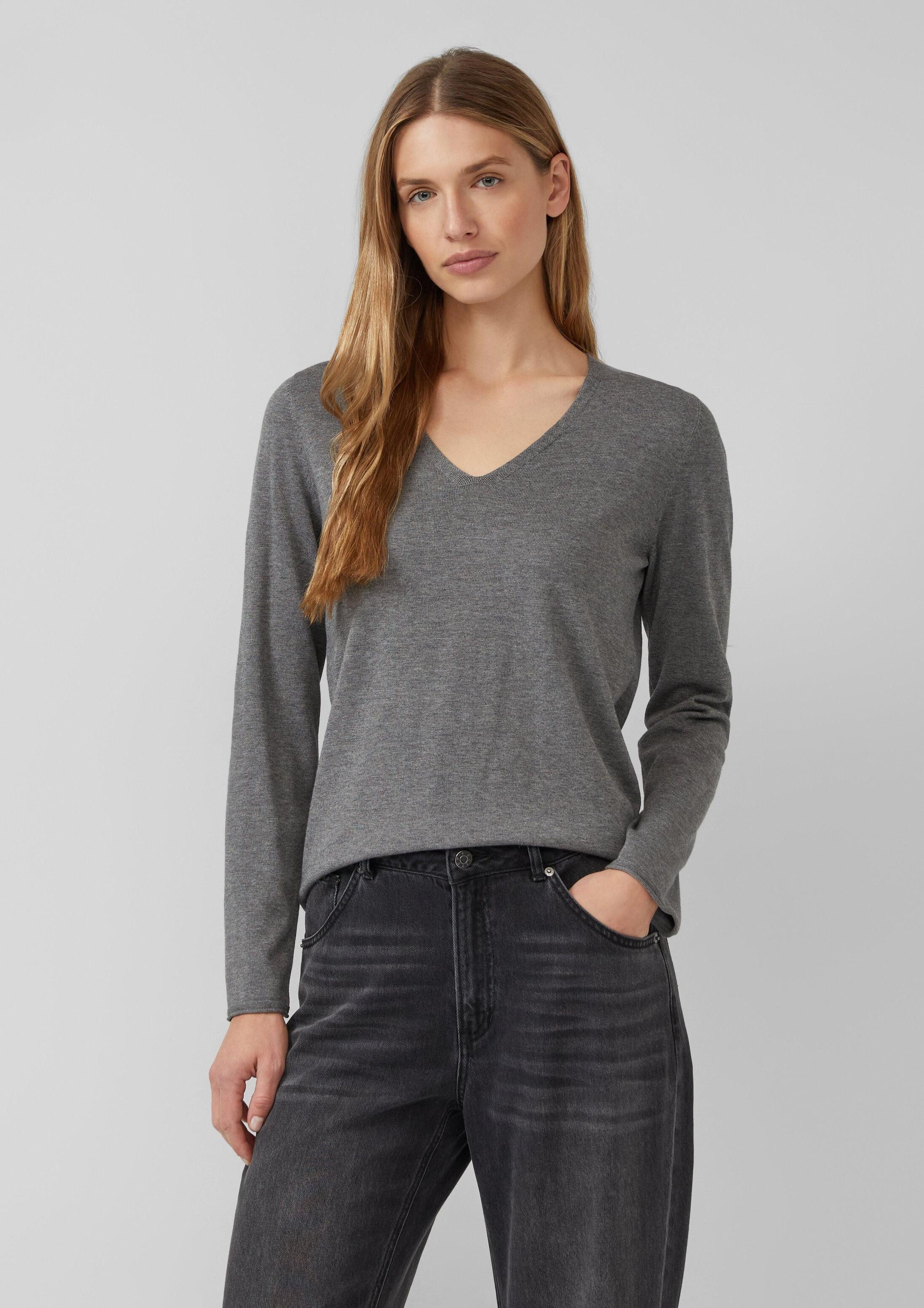 s.Oliver Longpullover Strickpullover Feinstrickpullover mit V-Ausschnitt und Rollkante am Saum