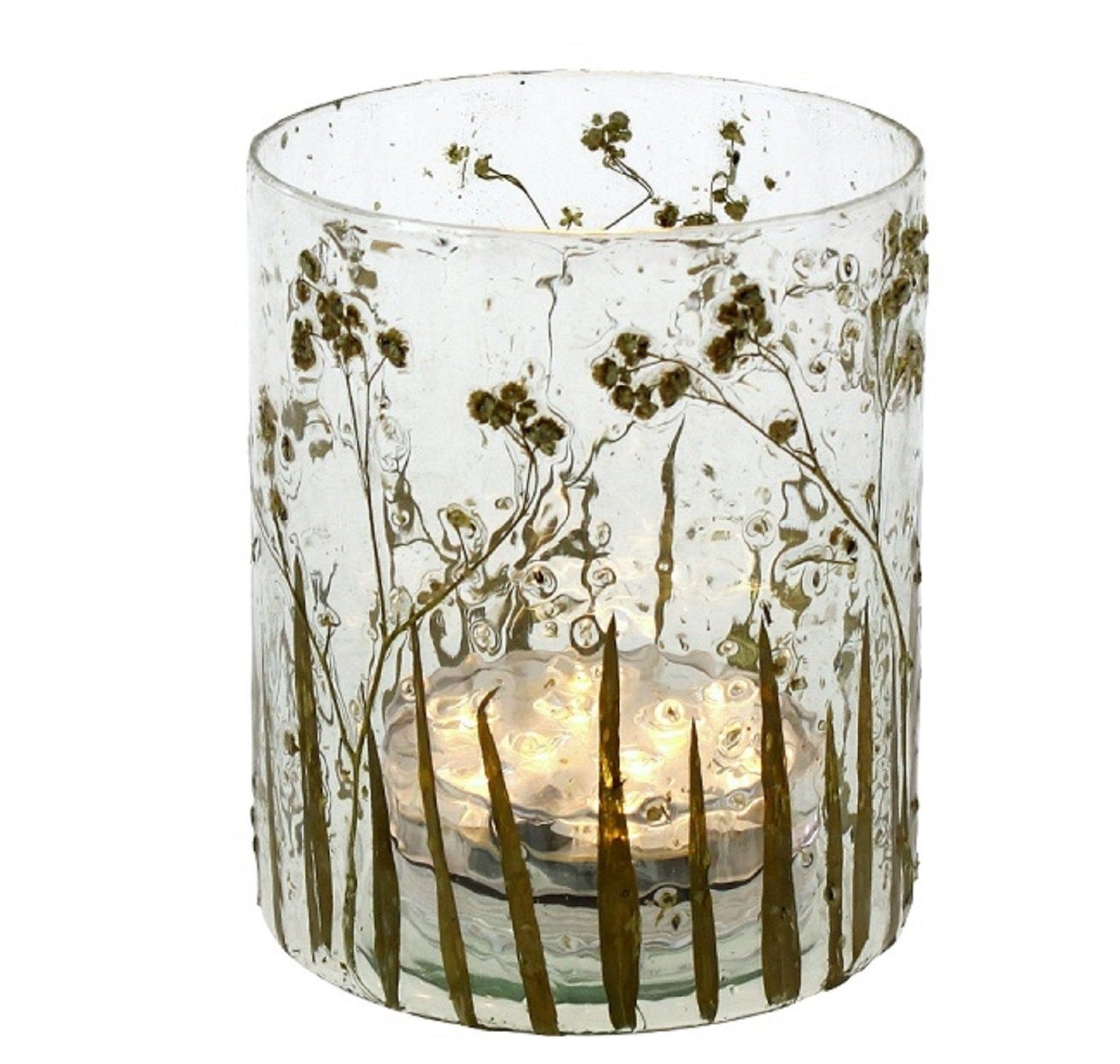 Werner Voß Teelichthalter Windlicht Teelicht Halter Glas H=13cm Gras Gräser  Blumen gold Kerze Laterne Deko (1 x Windlicht)